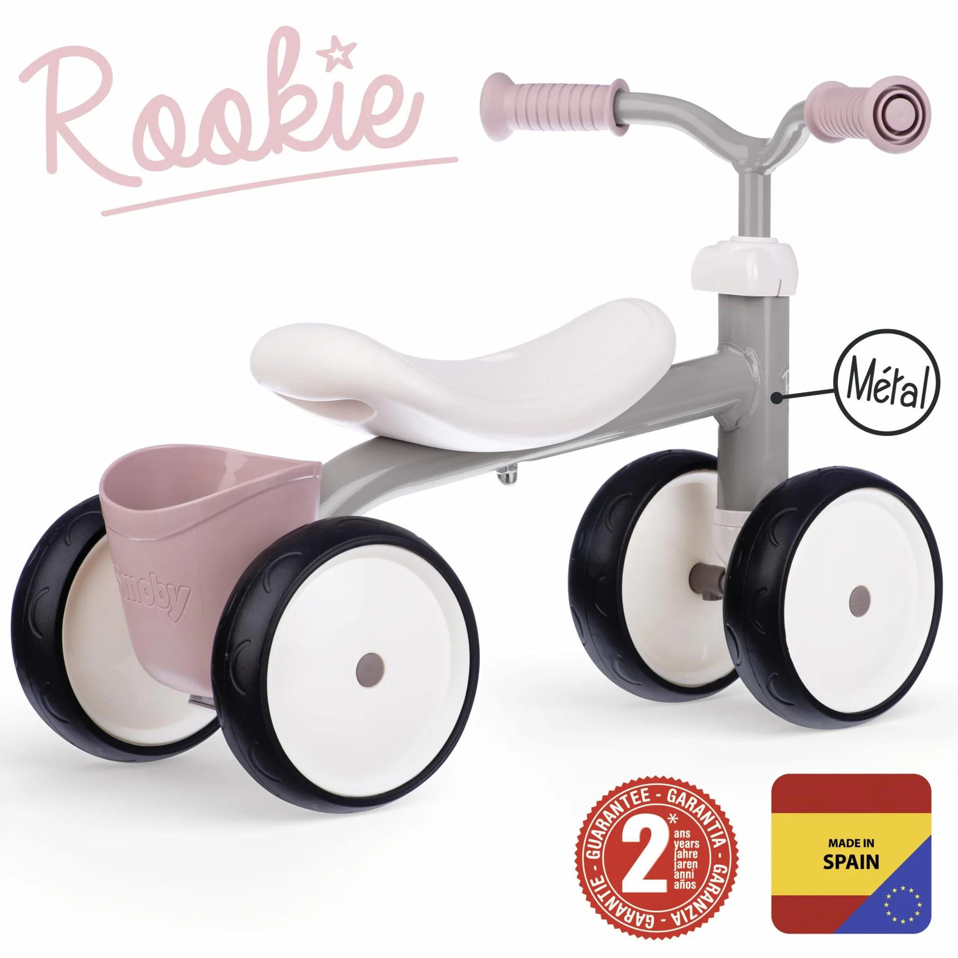 Smoby - Rookie Pink Ride-On - Metal - Zakrzywione siodełko - Ciche koła - Skrzynia na zabawki - Wczesne lata - Od 12 miesięcy