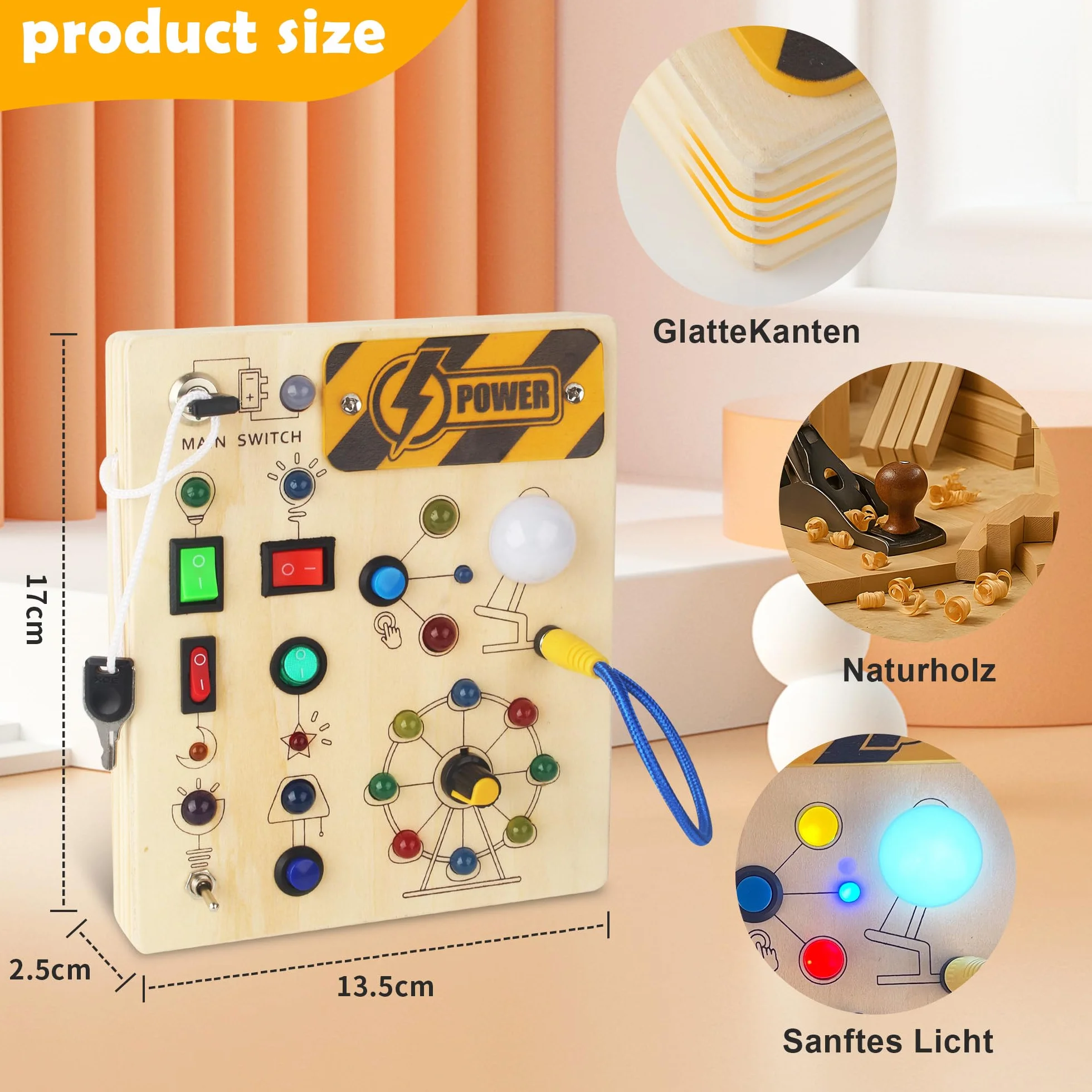 Placa Aktywności Montessori od 1 Roku, Deska Aktywności z Lusterkami LED i Przełącznikami, Zabawka Montessori do Motoryki i Sensoriki, Prezent dla Chłopców i Dziewcząt 1-4 Lat
