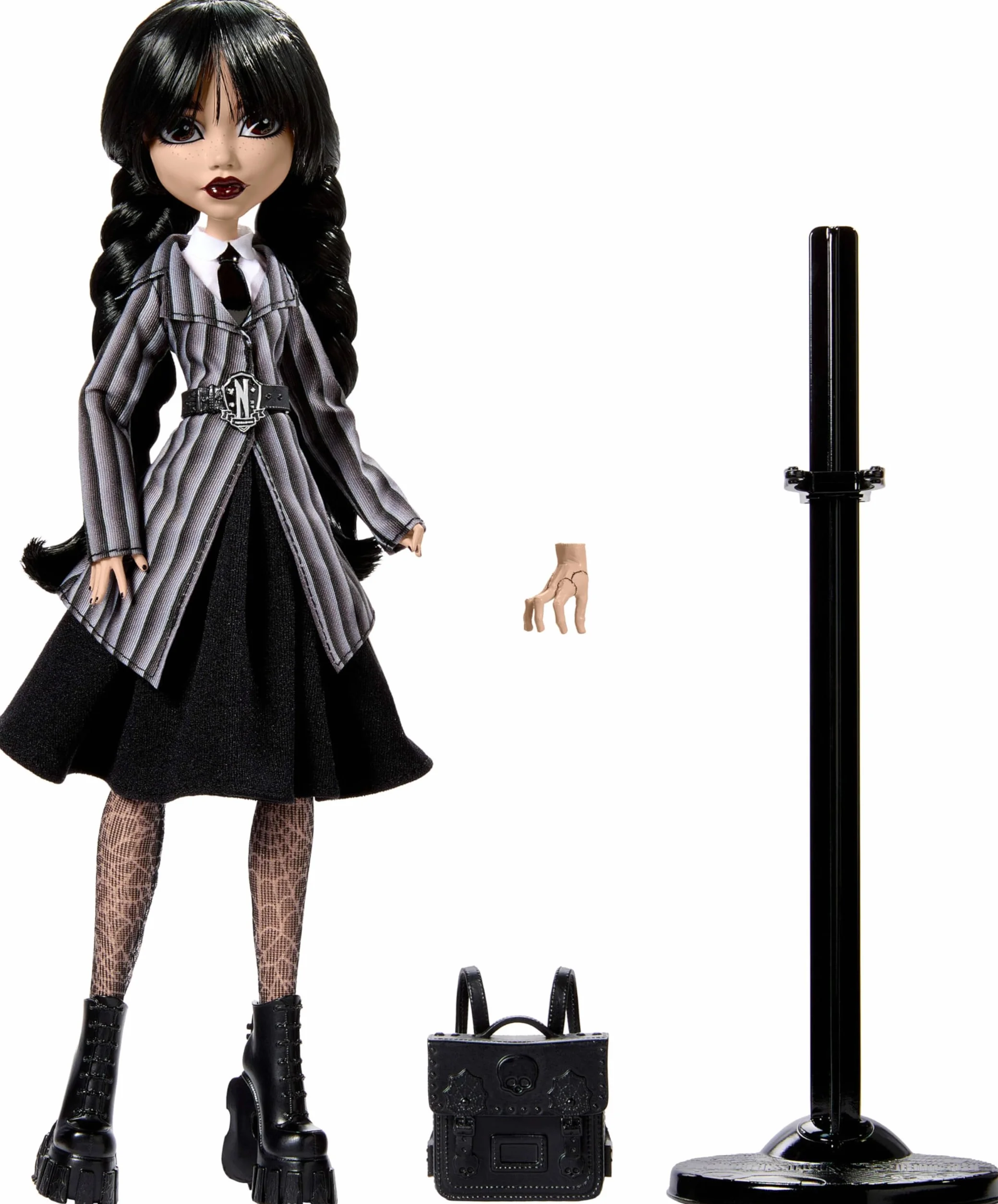 Monster High Wednesday Addams Lalka kolekcjonerska w szkolnym mundurku Akademii Nevermore z figurką Rączki, plecakiem, akcesoriami i podstawką dla lalki, HXJ04