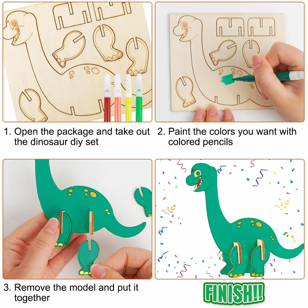 Drewniany zestaw dinozaurów 12 sztuk - DIY 3D Zestaw do malowania i malowania dla dzieci - Kreatywne rękodzieło Prezent urodzinowy