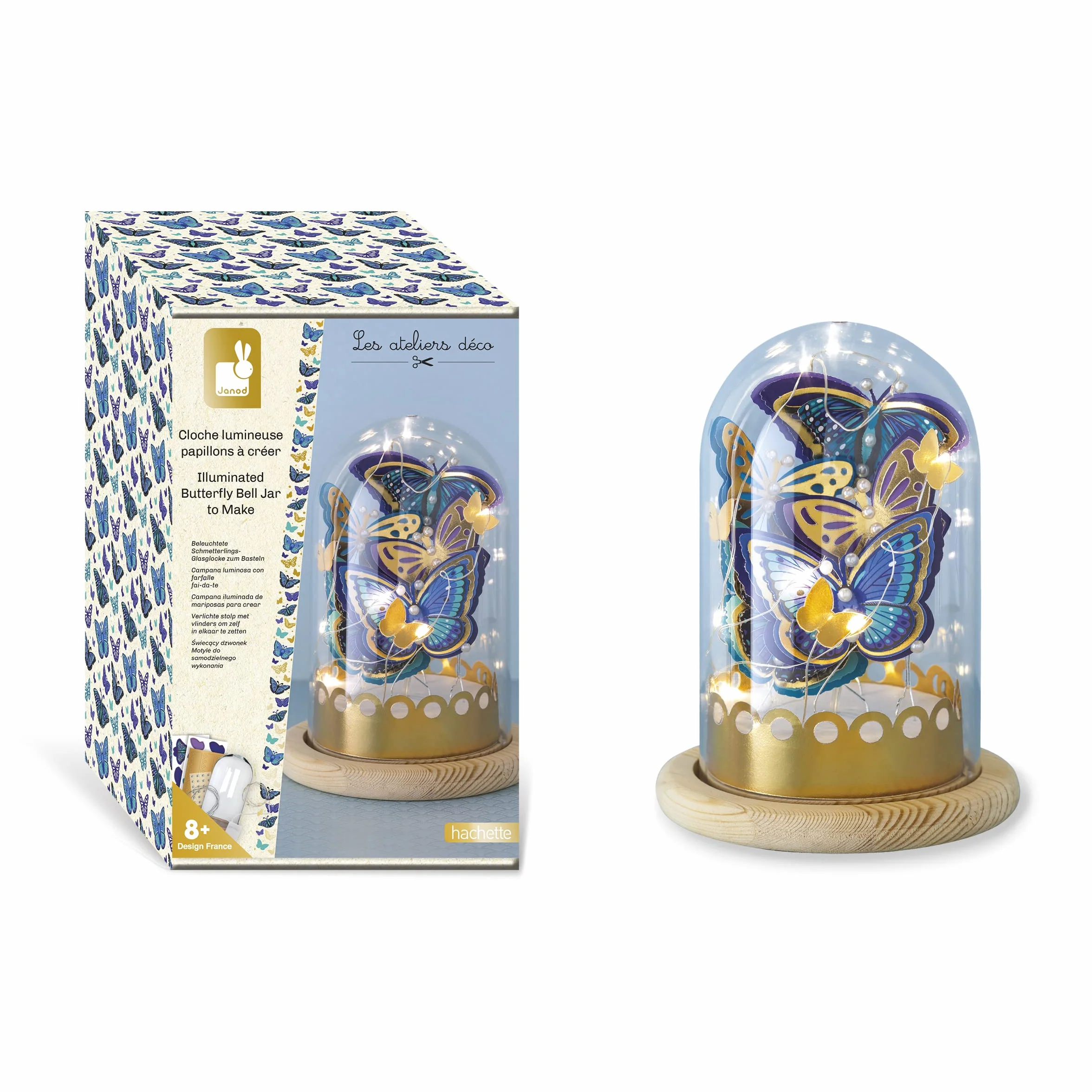 Janod Create-Your-Own Light-Up Blue & Gold Butterfly Bell Jar-Les Ateliers Déco Zestaw Sztuki i Rzemiosła Dla Dzieci - Doskonałe Umiejętności motoryczne i Koncentracja - 8 lat +, J07878, Wielokolorowy
