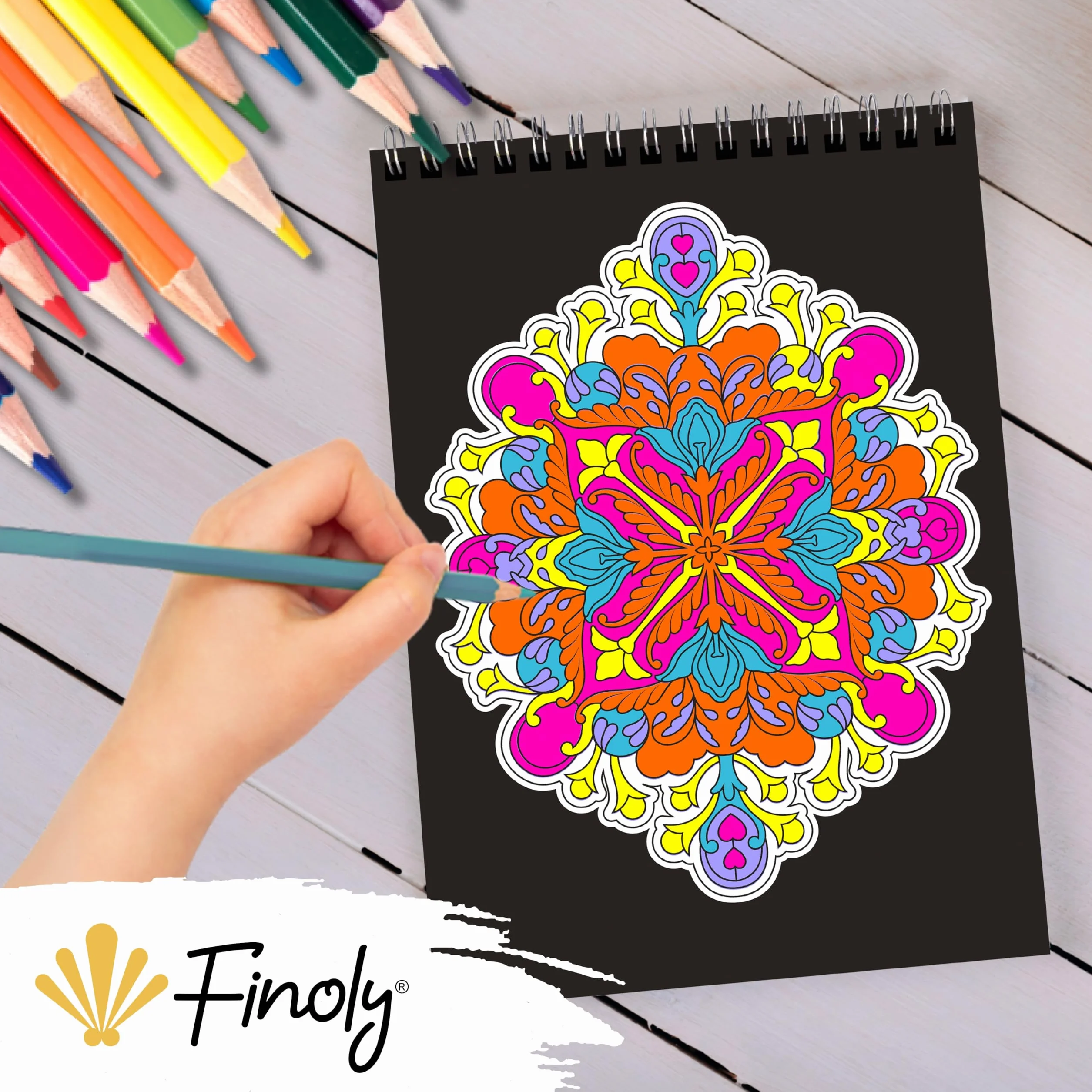 Finoly Mandala kolorowanka dla dorosłych, mandala kolorowanka dla dorosłych, 30 oryginalnych ilustracji, format A4, papier premium, oprawa spiralna, VOL 2 (noc)