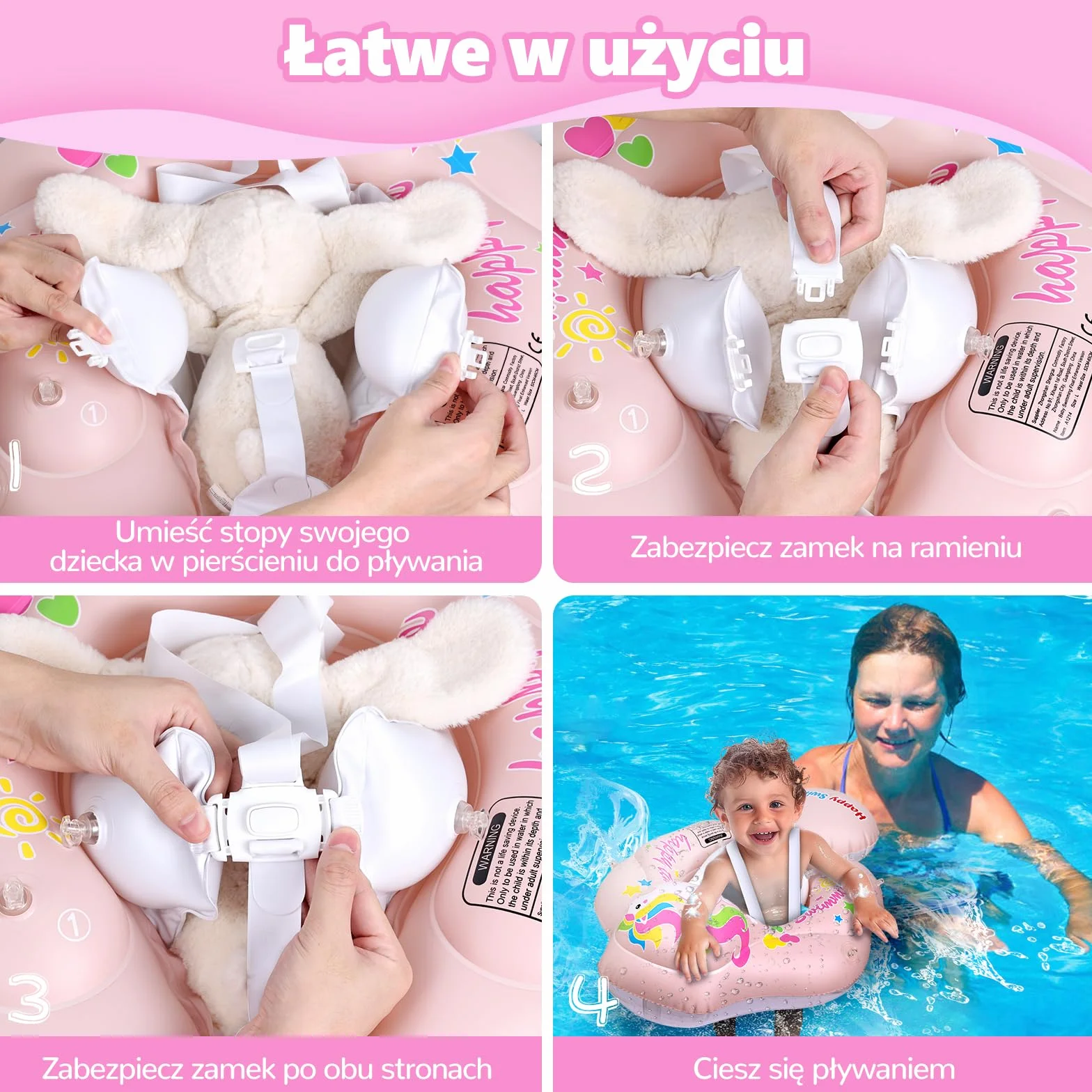 Fotelik Basenowy dla Niemowląt z Baldachimem UPF 50+ Pływający Basenik dla Maluchów Zapobiegający Przewracaniu się dla Dzieci w Wieku 6-36 Miesięcy - Różowy