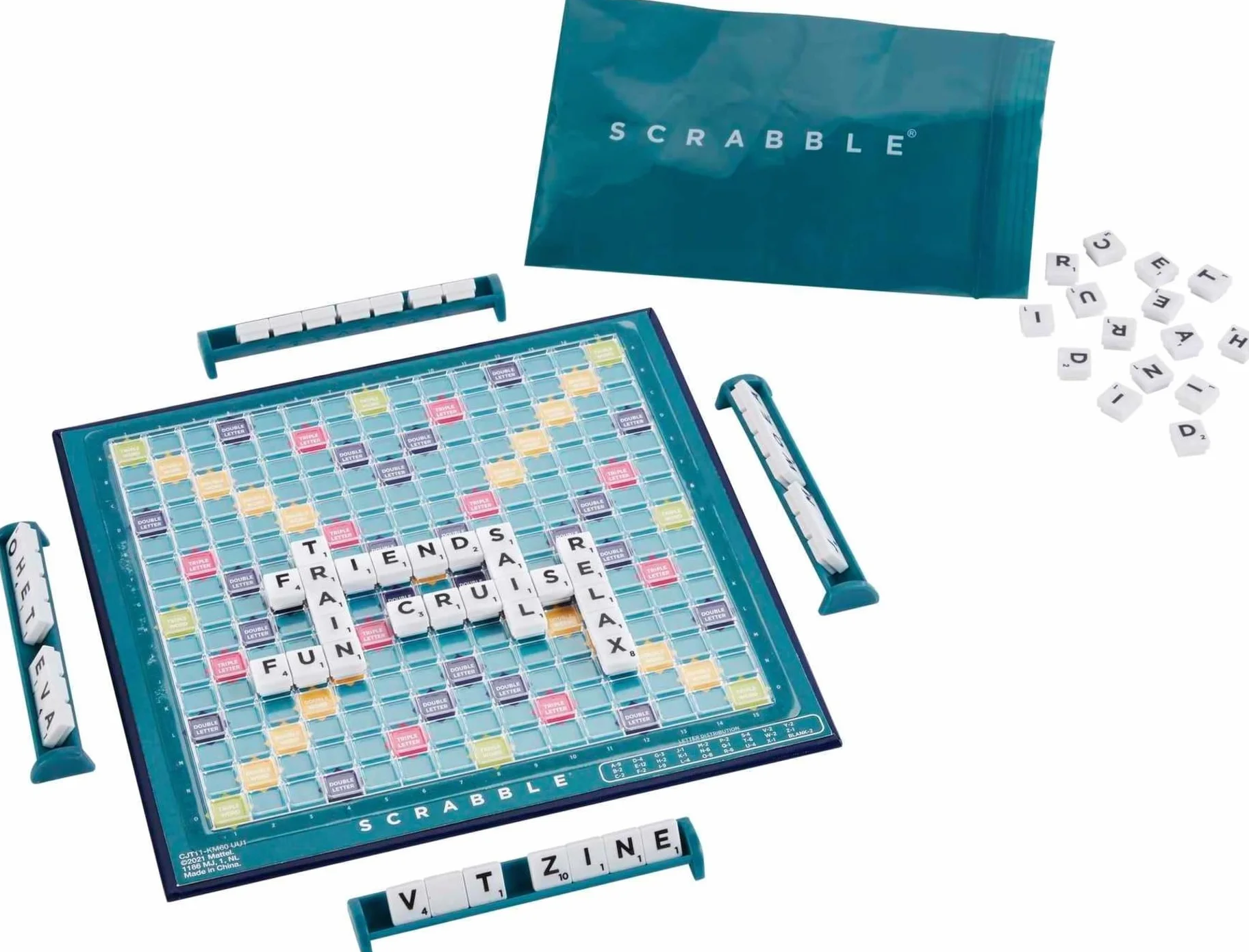 Scrabble Travel Game, Portable and Compact, 2-4 Players, Includes Playing Board, 4 Racks, 100 Letter Tiles, a Tile Bag, and Rules, 10Y+, CJT11(Packaging May Vary)
