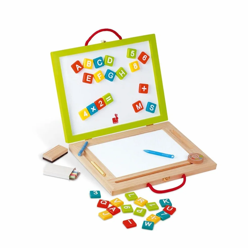 Janod - Children's Wooden 4-In-1 Board - Multi-Activity Magic Slate - Accessories and 42 Magnets Included - Learning to Read and Write - from 3 Years Old, J05014