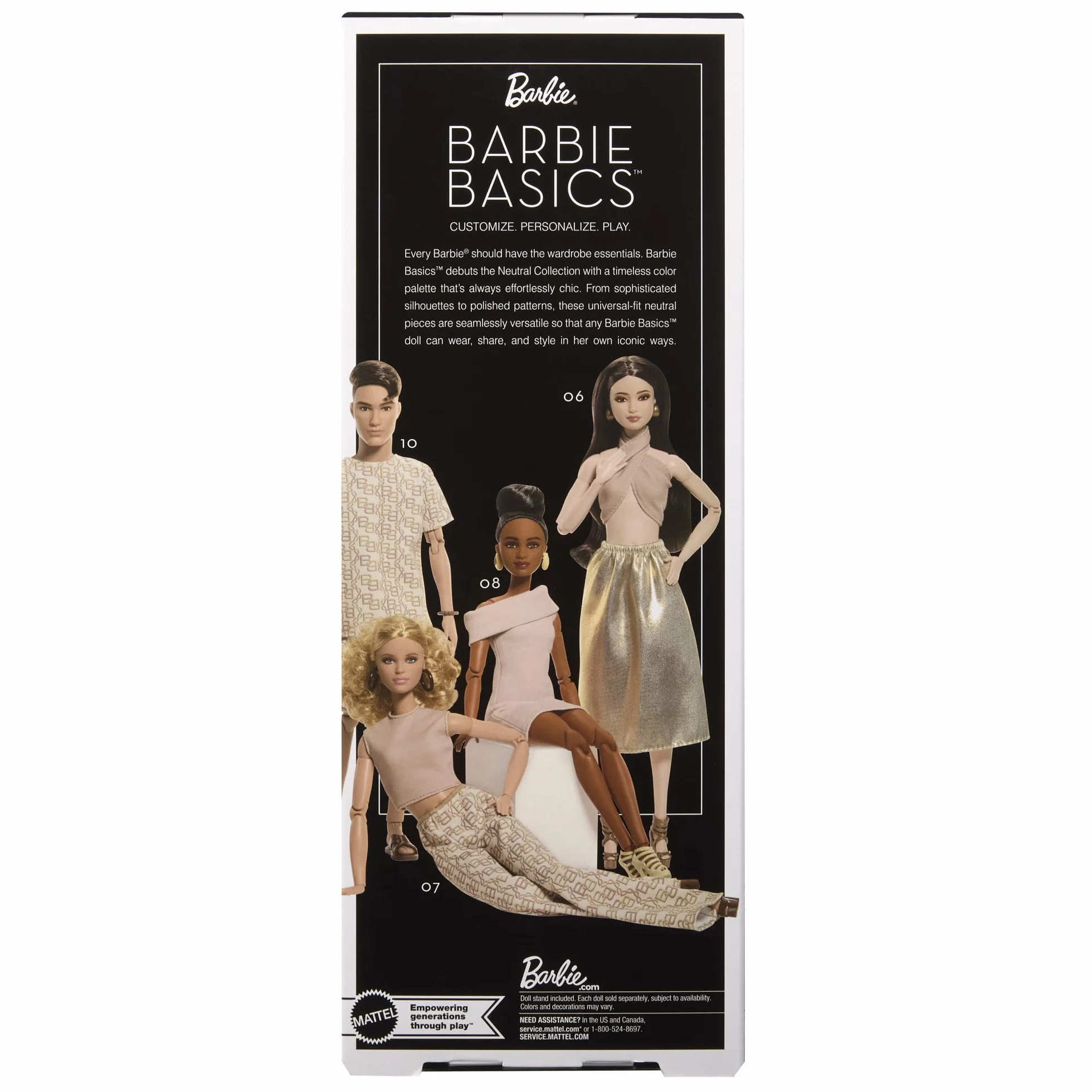 Barbie Basics Model 09 Kolekcjonerska lalka modowa brunetka, złocista sukienka i buciki na obcasie Zabawka 6+ dla fanów i kolekcjonerów, JJX28