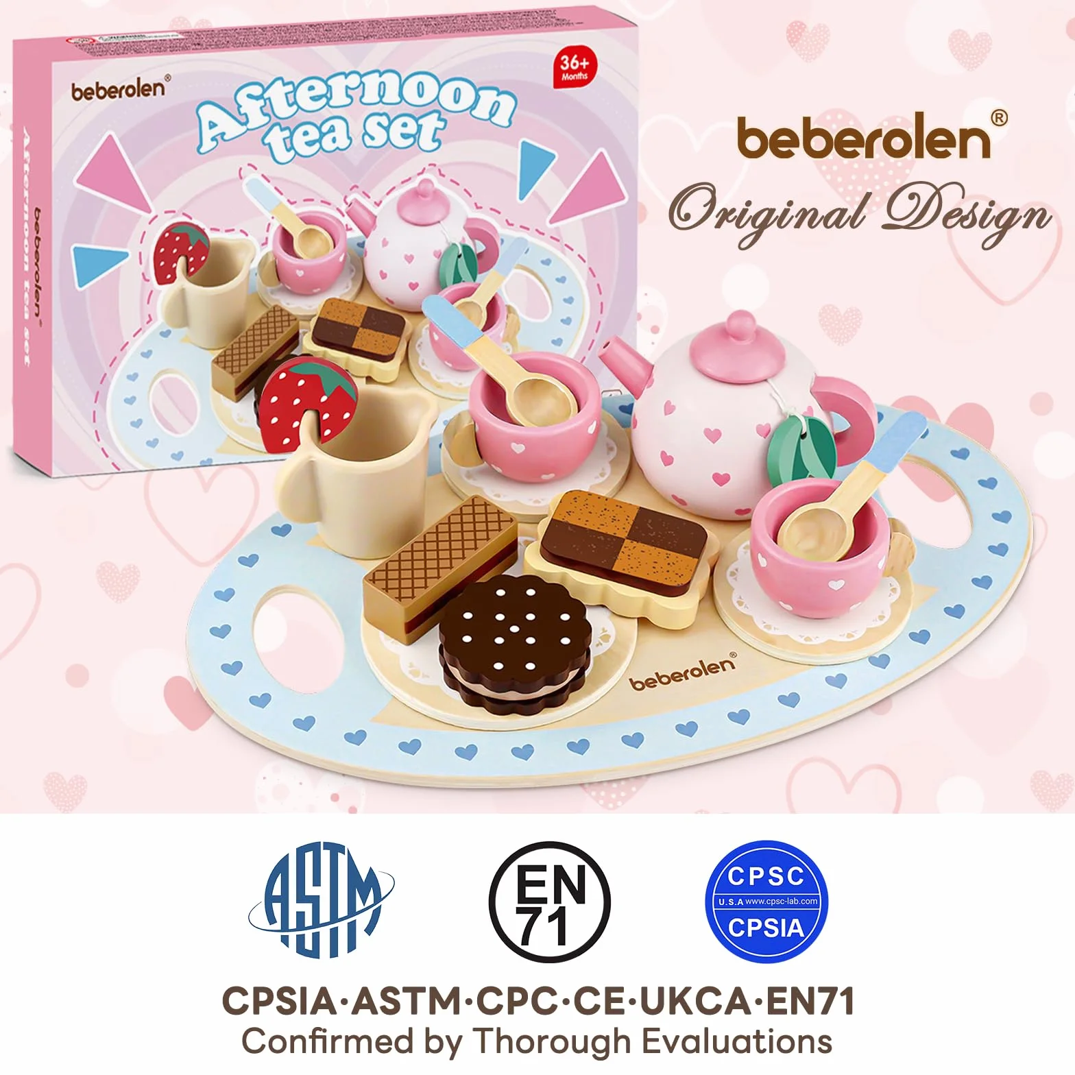 Beberolen Drewniany zestaw do herbaty, zabawki dla maluchów do zabawy w podwieczorek, akcesoria kuchenne dla dzieci z herbatnikami i czajniczkiem dla 3, 4, 5-letnich dziewczynek, chłopców i dzieci