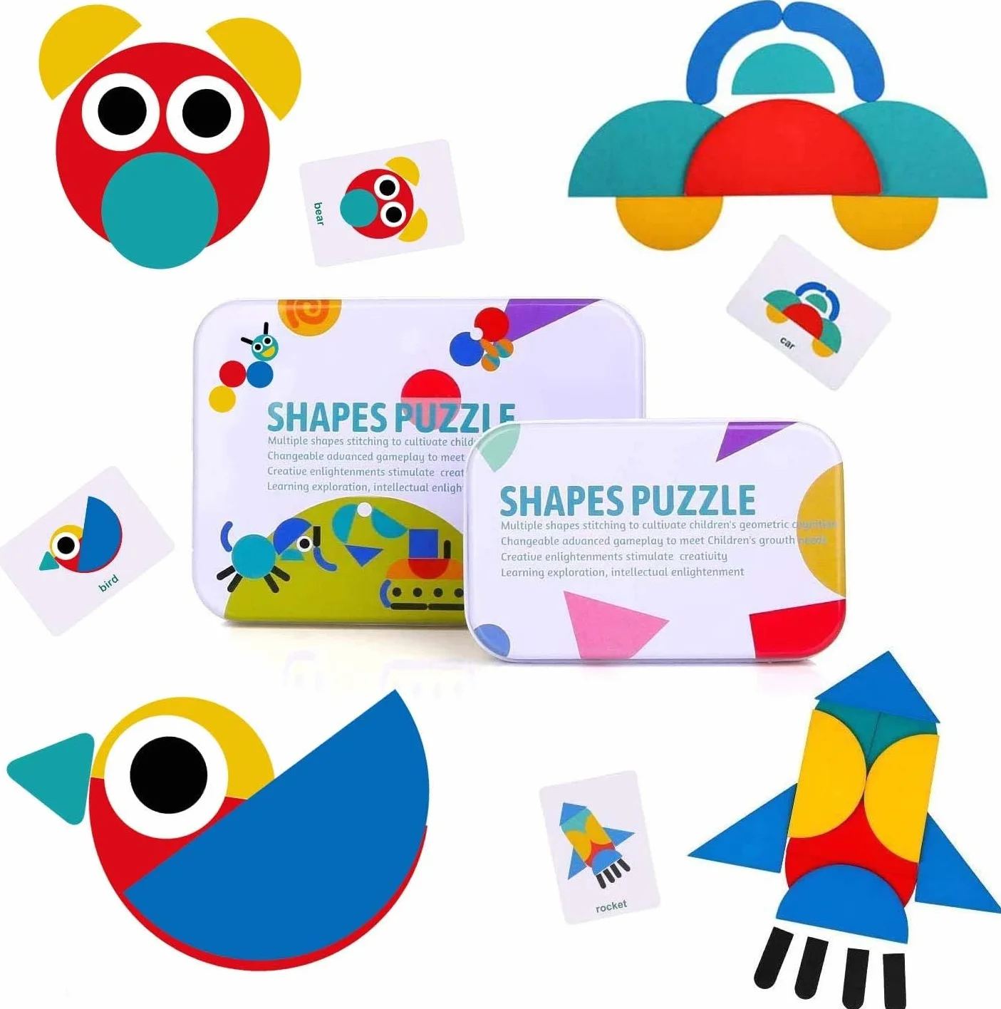 BBLIKE Tangram Wood, 36 drewnianych puzzli Montessori + 60 sztuk układania kart do układania w stosy gry i zabawki edukacyjne klasyfikacja dla dzieci