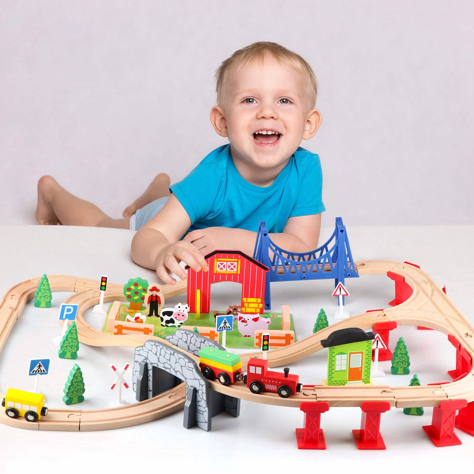 Jacootoys 80 SZTUK Drewniane Pociągi Zestaw Torów Edukacyjna zabawka konstrukcyjna dla dzieci w wieku 3+ lat Dziewczęta Chłopcy