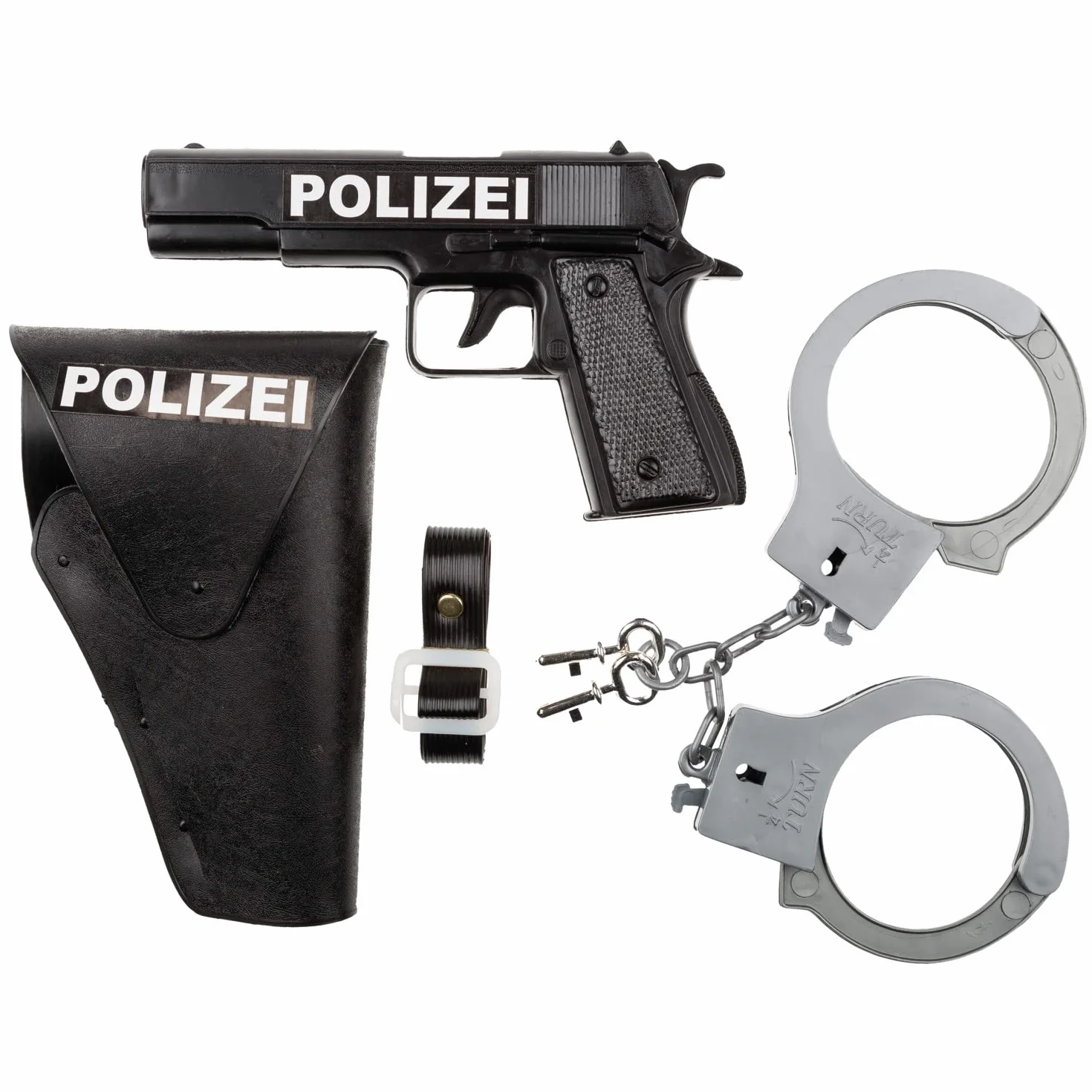 Idena 8040007 - Zestaw policyjny, pistolet, kabura i kajdanki, zestaw zabawowy, impreza tematyczna, karnawał
