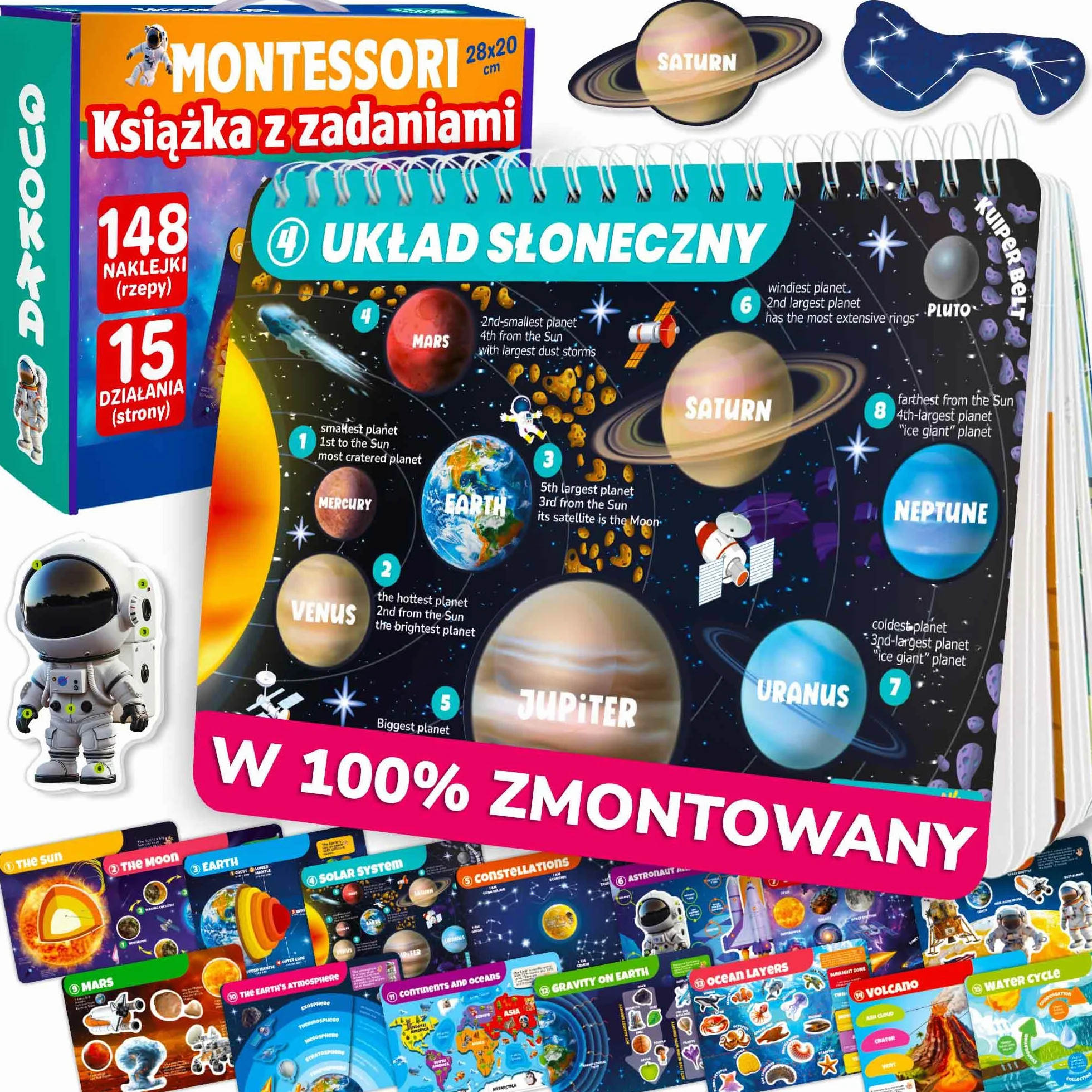 QUOKKA Zabawki Montessori Od 3 Do 4 Lat - Wersja Angielska – Książki Edukacyjne Dla Dzieci Od 3 Lat – 15 Aktywności Edukacyjnych Na Temat Układu Słonecznego – Aktywności W Podróży Samochodem
