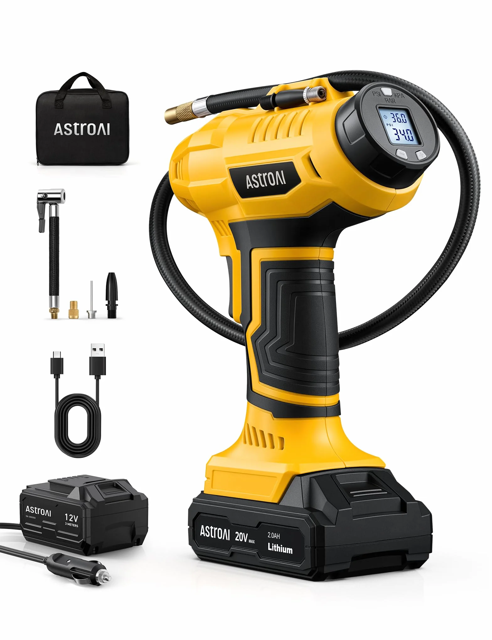 AstroAI Bezprzewodowa sprężarka powietrza do pompowania opon, 20 V, zasilana baterią, 160 PSI, przenośna pompa ręczna, 12 V, cyfrowy manometr
