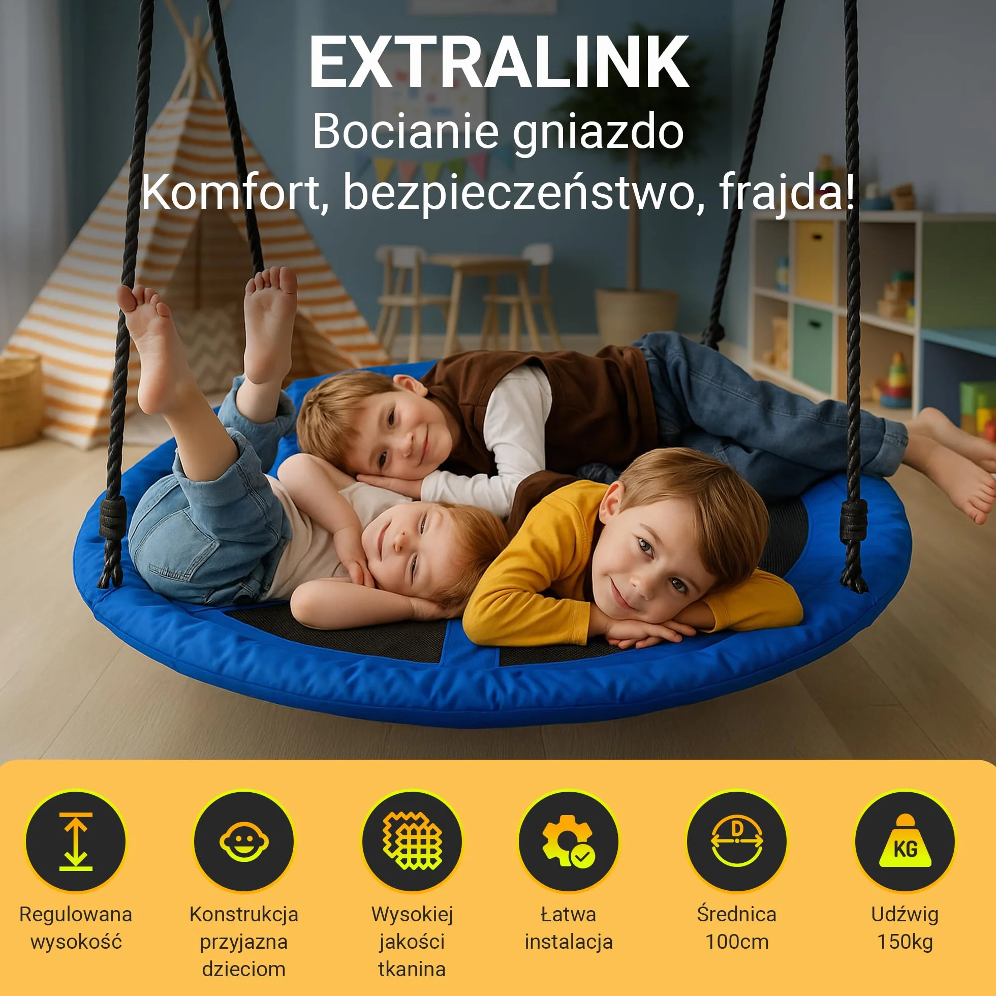 Extralink Huśtawka ogrodowa z gniazdem – średnica 100 cm, pojemność do 150 kg, z wyściełaną krawędzią i wytrzymałymi linami, idealna do wnętrz i na zewnątrz, do ogrodu i pokoju dziecięcego, niebieska