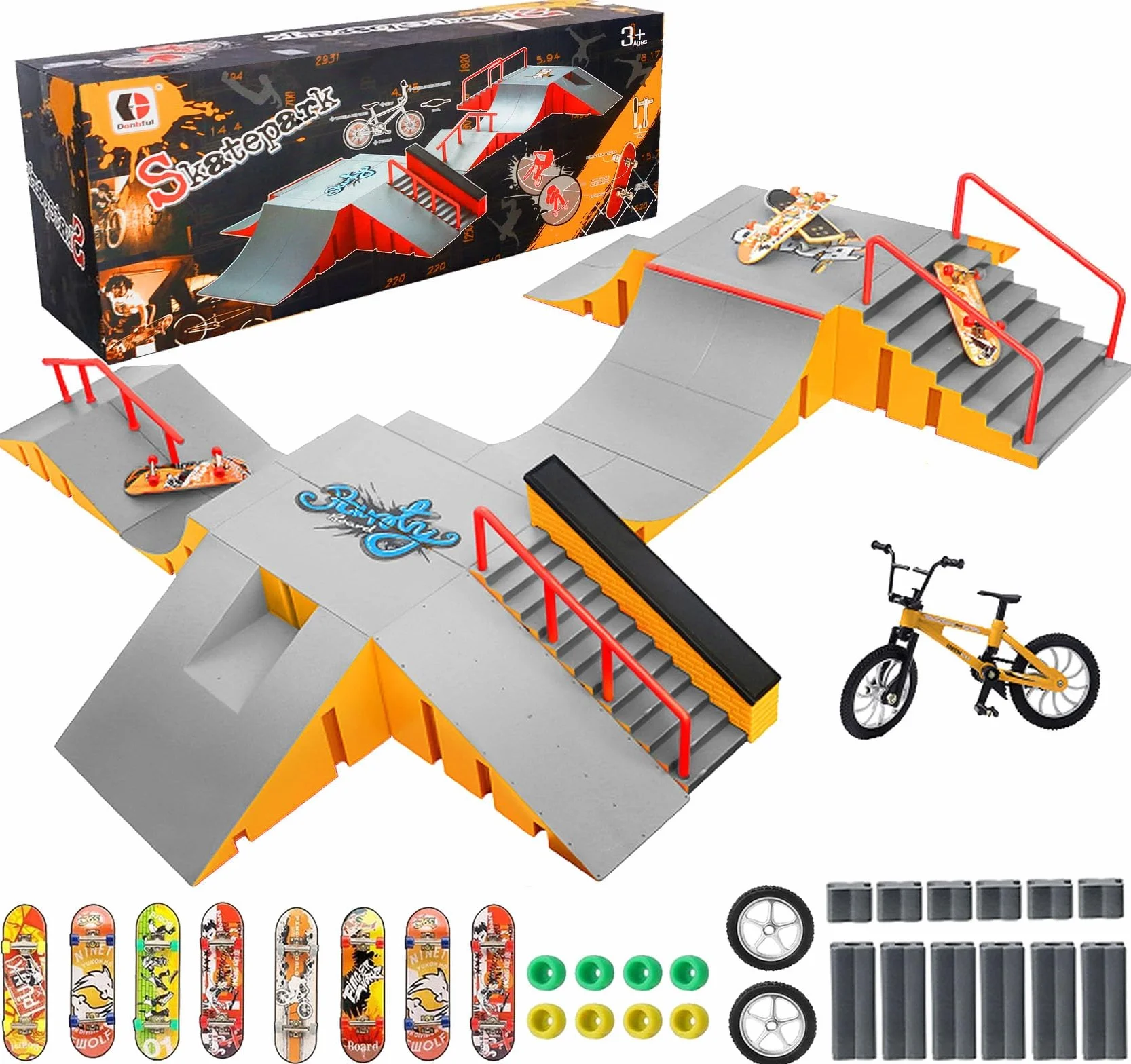 Tlater Mini Finger Deskorolka Zestaw Park Kits, 14 w 1, deskorolka z 14 rampami, 8 podkładkami na palec, 1 rower na palec, zabawka edukacyjna DIY, prezent dla dzieci