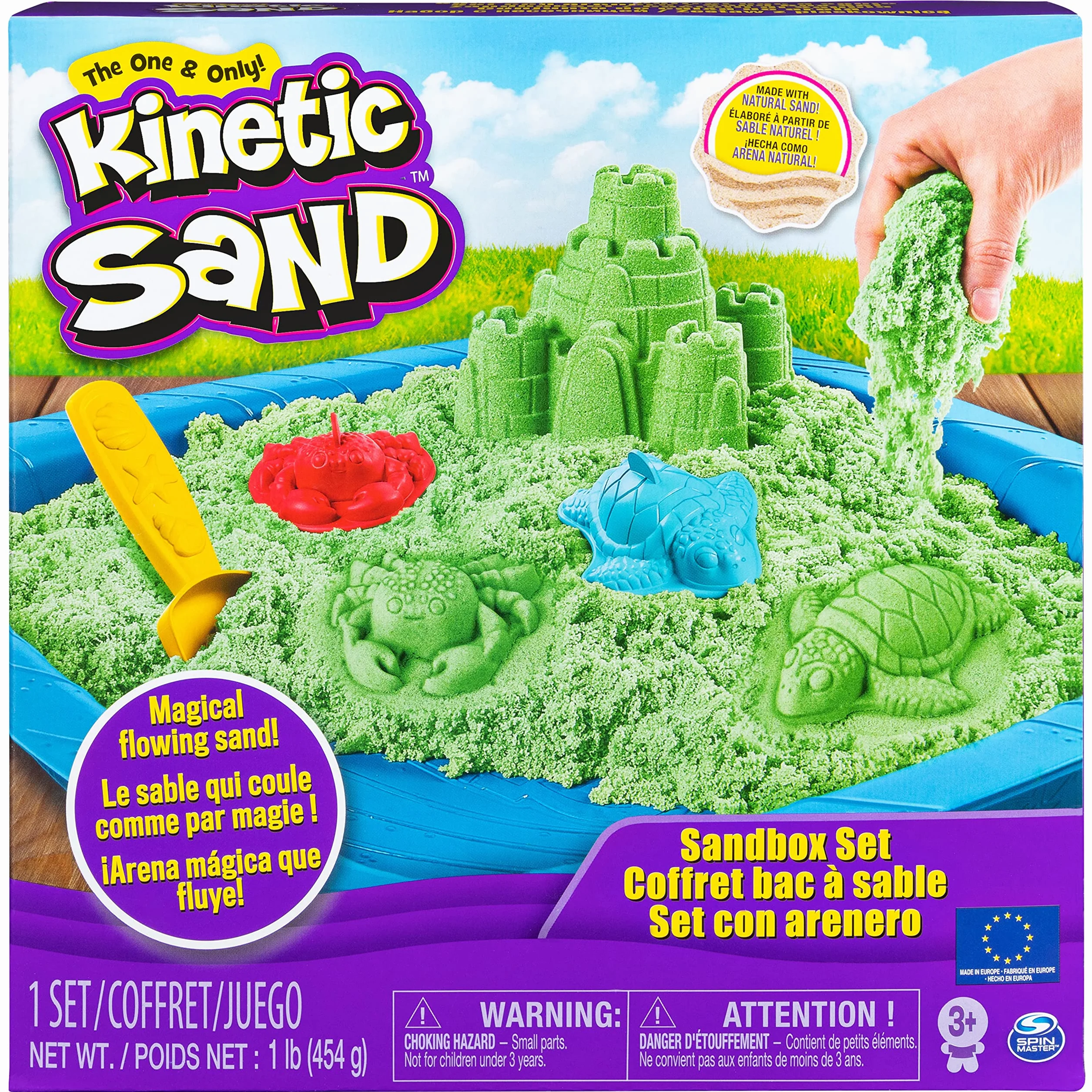 Kinetic Sand Box Set – z 454 g magicznego Kinetic Sand ze Szwecji w kolorze zielonym, 3 foremki i szufelka do kreatywnej zabawy w pomieszczeniach, od 3 lat