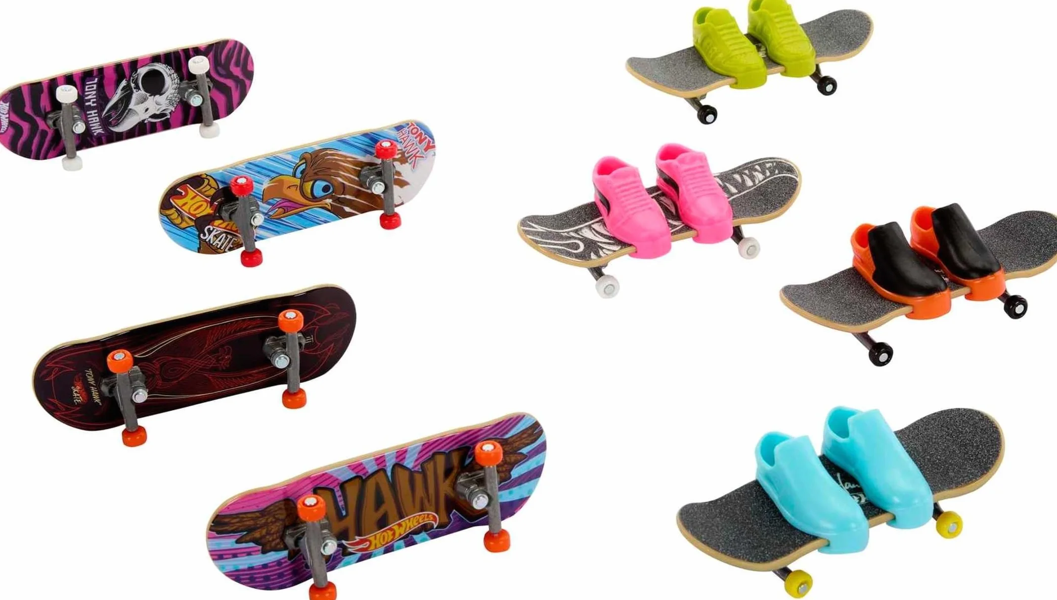 Hot Wheels HMY19 - HW Skate, 8 w pełni zmontowanych deskorolek z palcami Tony Hawk i 4 pary butów do deskorolki, 1 ekskluzywny zestaw, pakiet 8 opakowań, zabawki od 4 lat