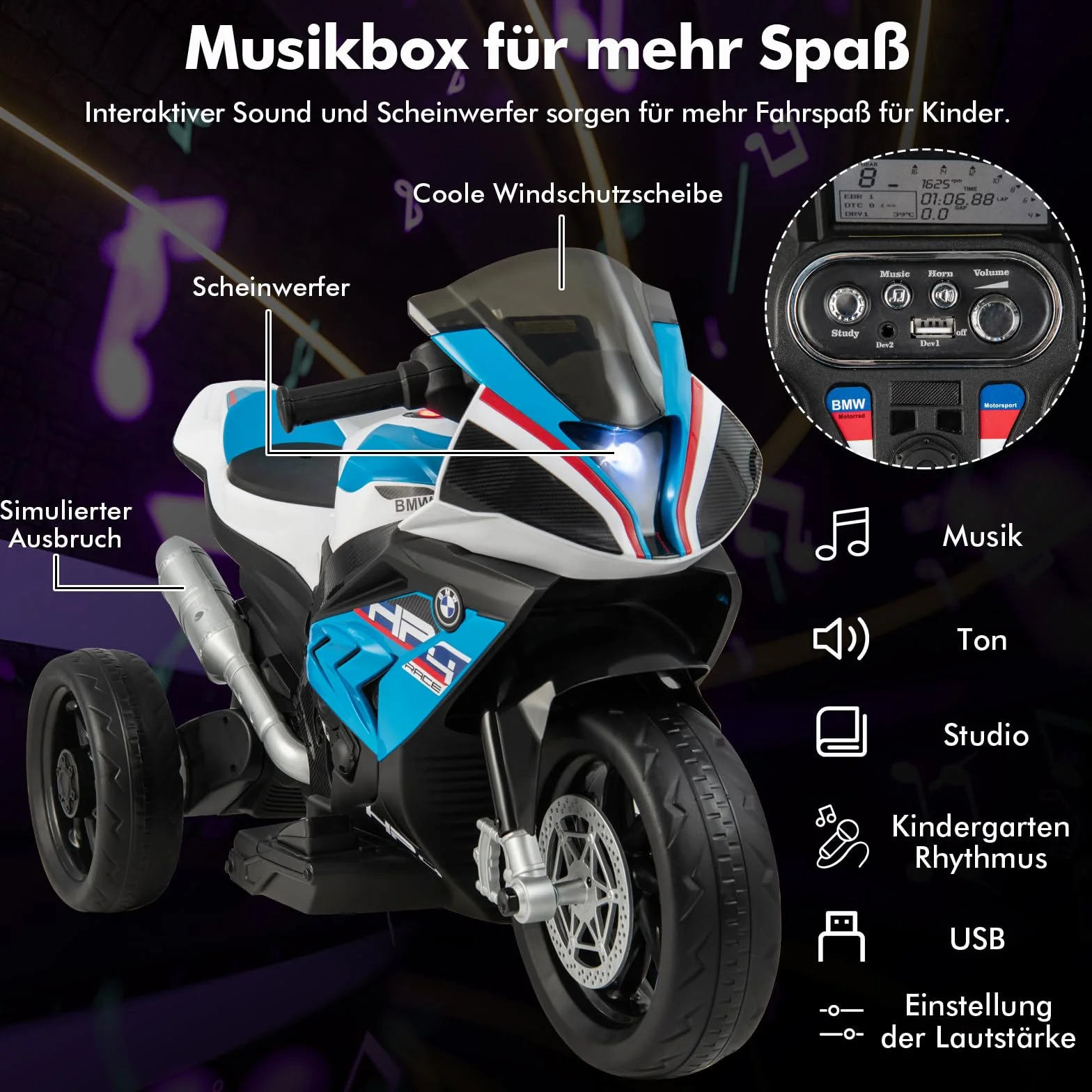 GOPLUS 6 V BMW dziecięcy motocykl elektryczny z muzyką i reflektorami, dla dzieci 3-8 lat, trójkołowy pojazd z pedałem nożnym, obciążenie do 30 kg