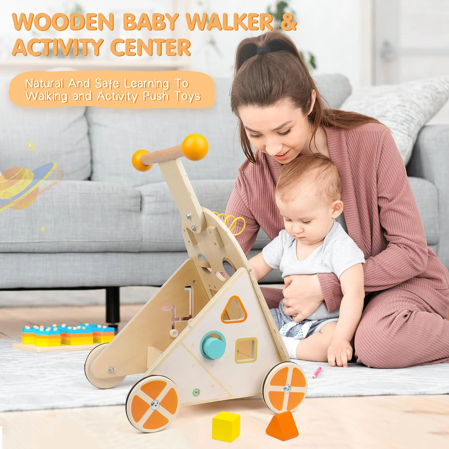Jacootoys Drewniany chodzik z regulowaną prędkością dla maluchów, drewniany chodzik do nauki chodzenia i pchania dla chłopców, dziewczynek i dzieci w wieku 1, 2 i 3 lat