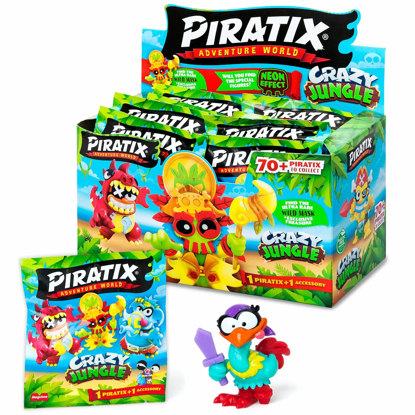 PIRATIX ADVENTURE WORLD Seria Crazy Jungle - pudełko zawierające 24 torebki z figurkami Piratixów z serii Crazy Jungle Każda torebka zawiera 1 figurkę Piratix i 1 akcesorium z efektem neonu.