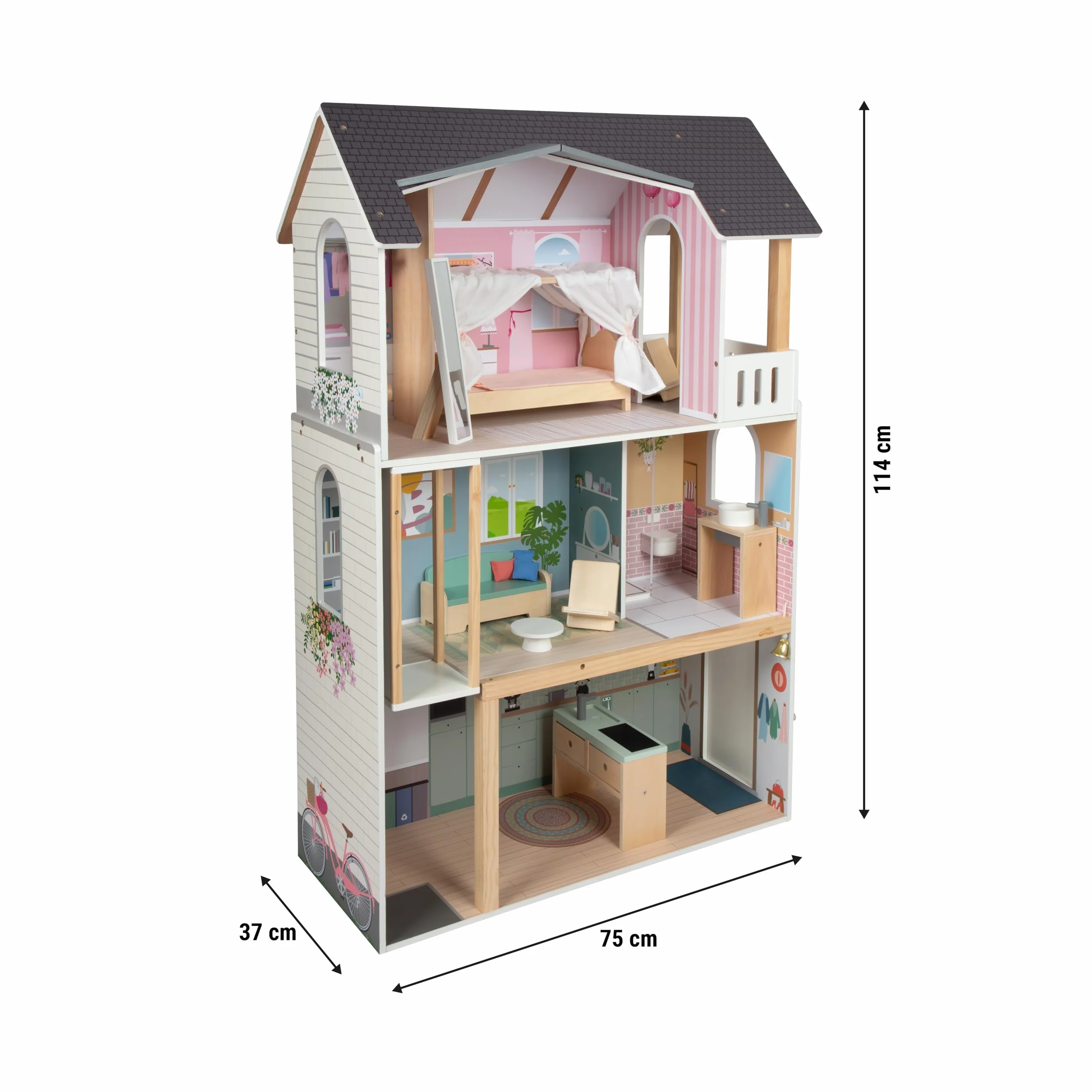 Mały domek dla lalek Villa XL, 3-piętrowy domek dla lalek z windą, dla lalek do 30 cm, skala 1:6, imitacja drewna, 12730