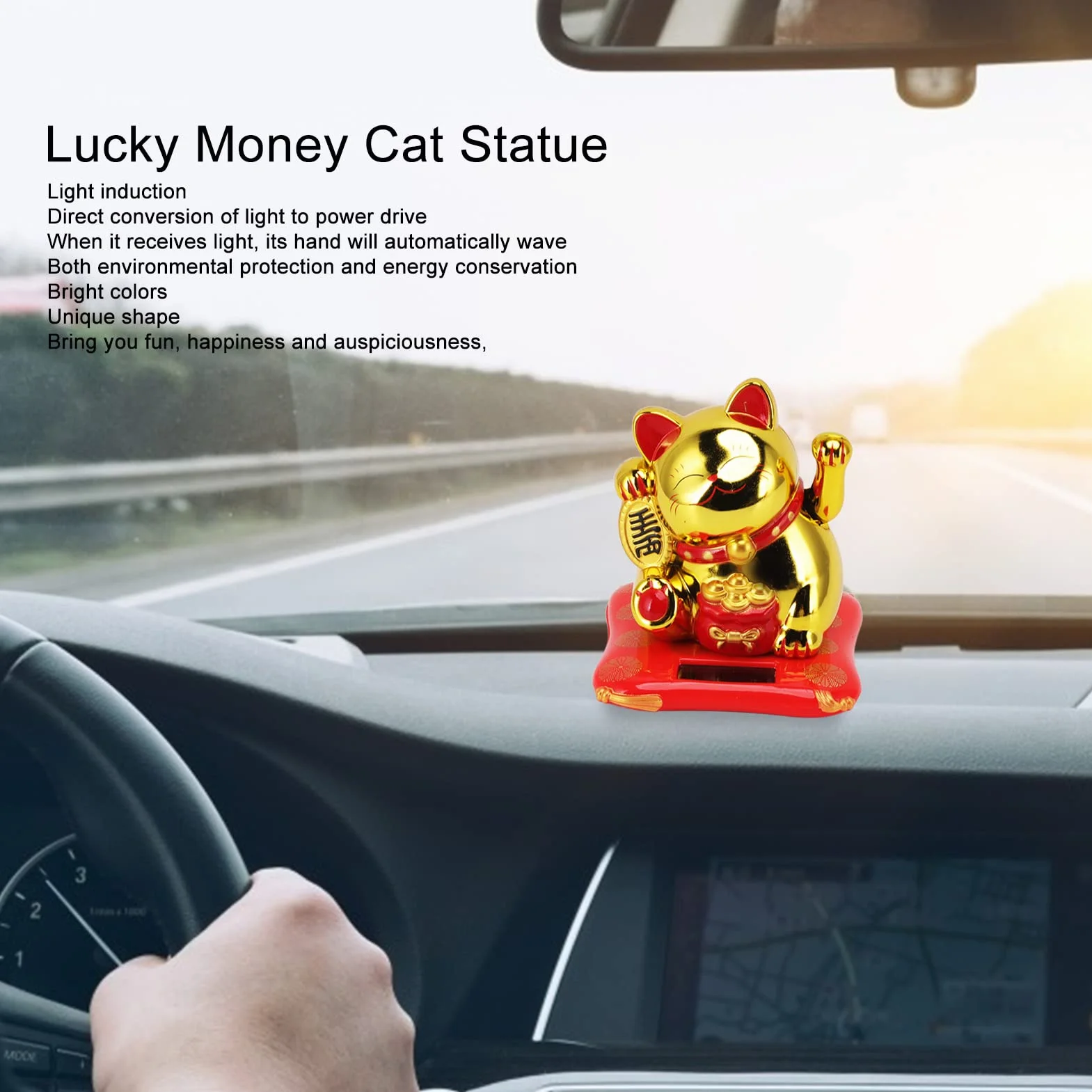 Solar Powered Lucky Waving Cat, Chiński Wealth Lucky Cat Waving Arm Solar Fortune Cat Statue, Beckoning Waving Arm Fortune Lucky Cat for Decorating Front Desk Car Business Opening (Złota Torba Błogosławieństwa)
