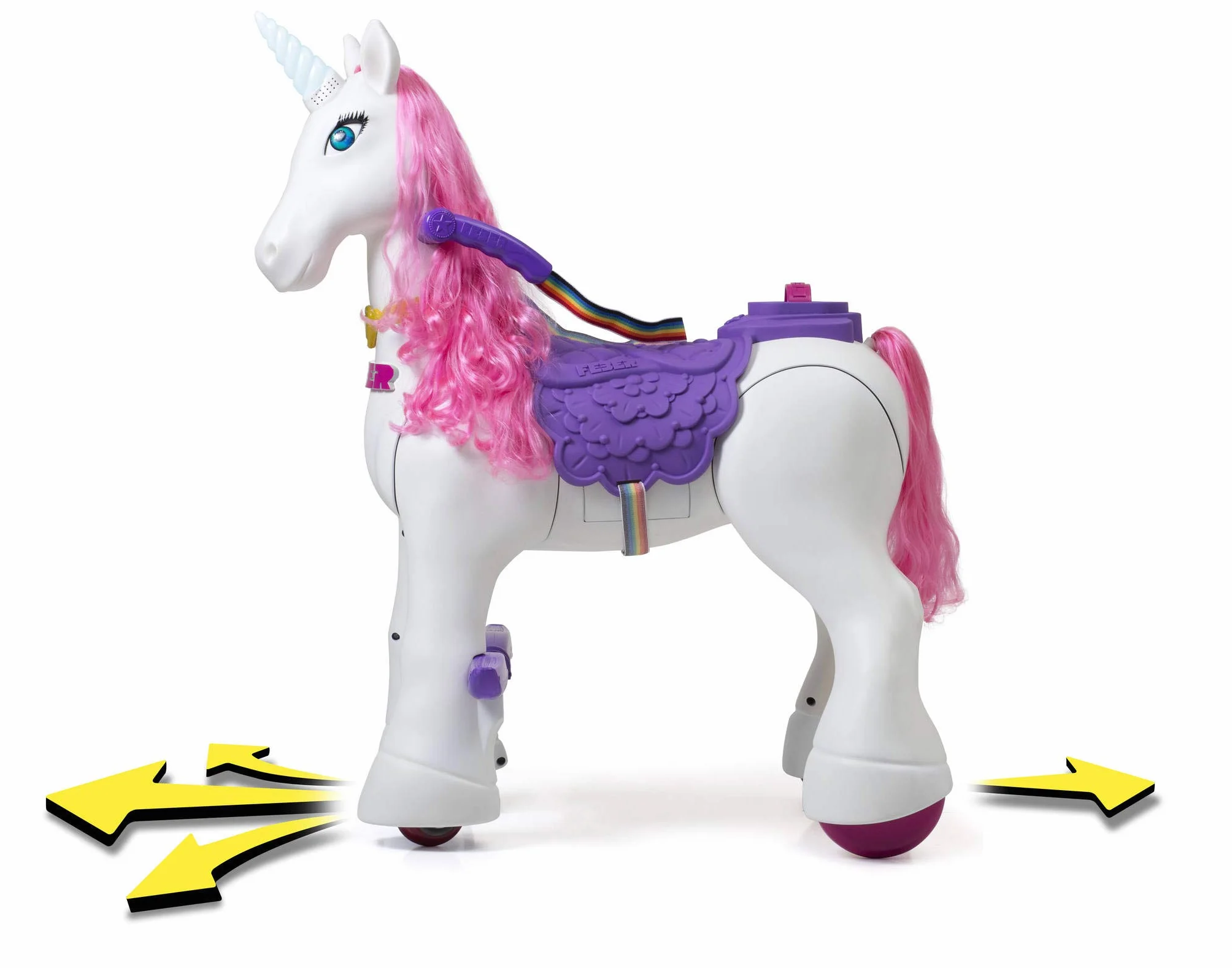 FEBER - My Lovely Unicorn z różową grzywką, elektronicznym zwierzakiem i pojazdem akumulatorowym 12 V (Famosa 800011603)