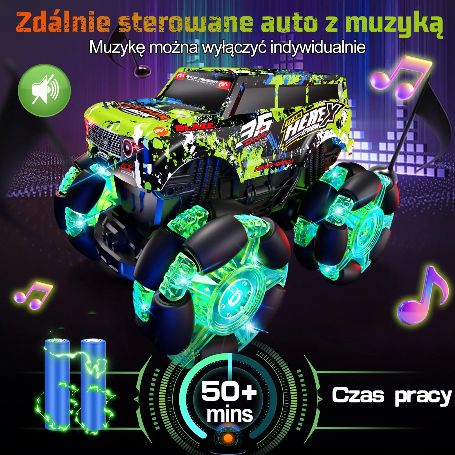 PENGBU RC Zdalnie sterowany samochód od 3, 4, 6 lat, 2,4 GHz, monstertruck, zdalnie sterowany samochód z oświetleniem, oponami i muzyką, 1/20, z obrotem o 360° i 2 akumulatorami, chłopcy 3, 4, 5, 6, 7