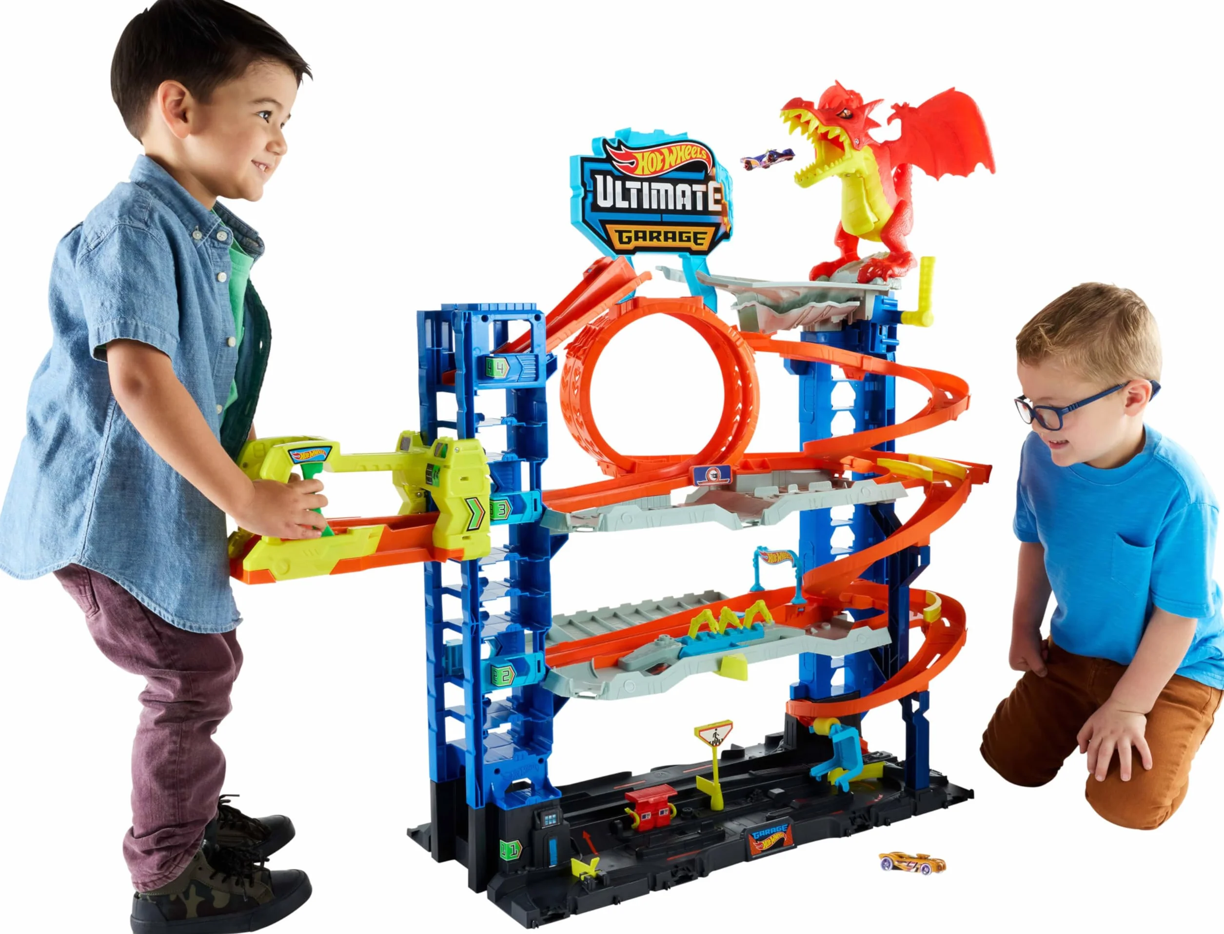 Hot Wheels City Mega Let's Race – Na start! - Netflix - Garaż Atak smoka Zestaw z 2 metalowymi samochodzikami, miejscem do przechowywania ponad 50 pojazdów w skali 1:64, HKX48
