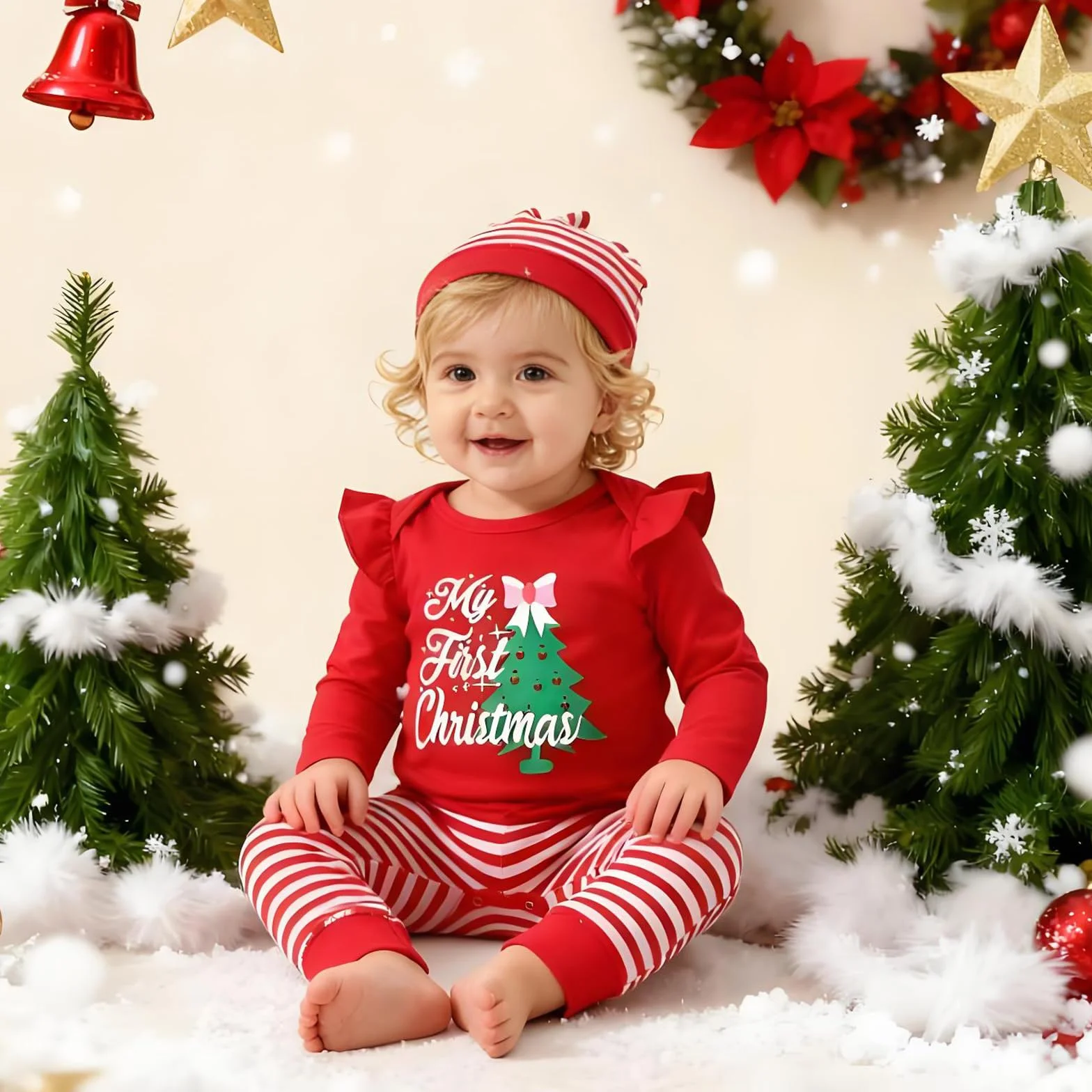 Strój bożonarodzeniowy dla dziewczynki, strój My First Christmas dla noworodków, na Boże Narodzenie, zestaw strojów bożonarodzeniowych, śpioszki, spodnie, kapelusz, opaska na czoło, 0-18