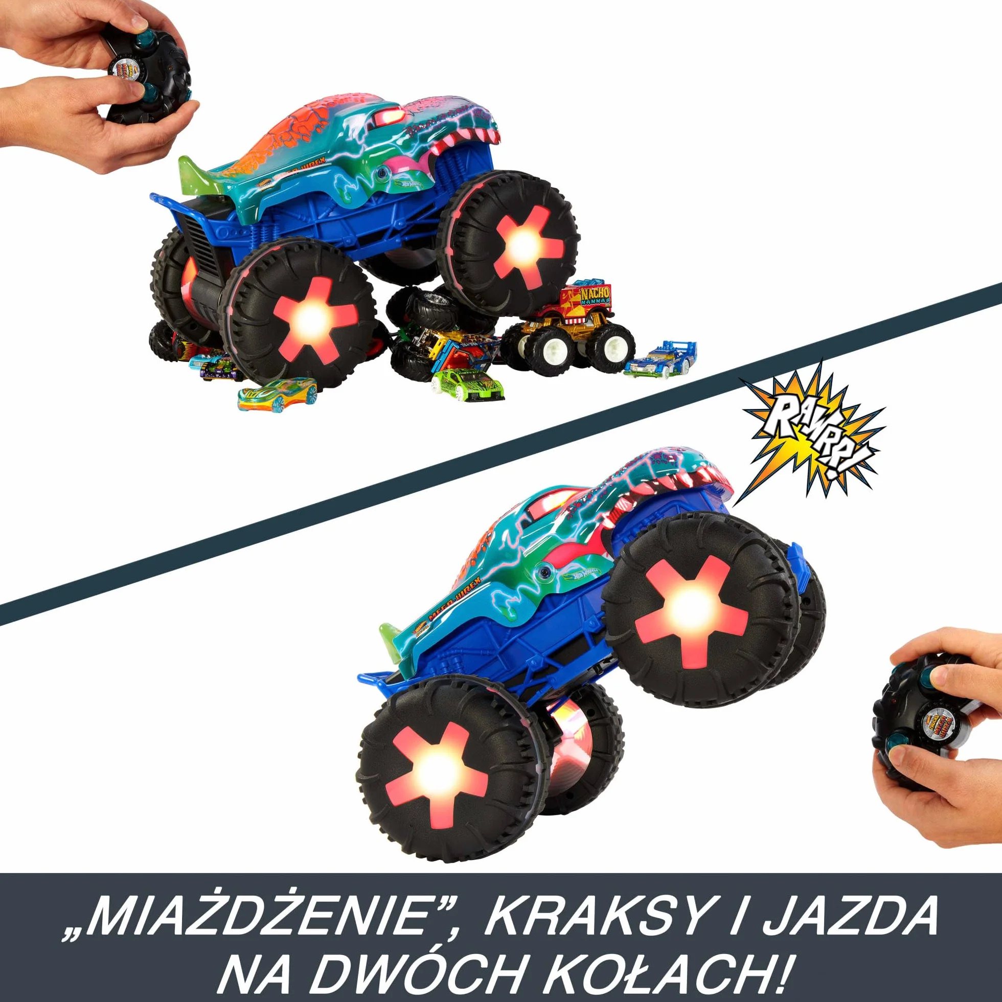 Hot Wheels RC Monster Trucks Mega-Wrex Alive Światła i dźwięki Zdalnie sterowany pojazd w skali 1:15 z 3 trybami zabawy, interaktywnymi światłami i dźwiękami, JBD90