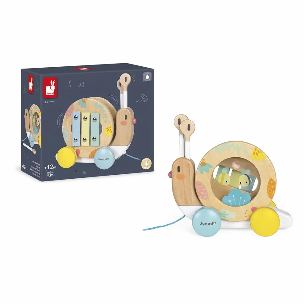 Janod - Wooden Pure Pull-Along Snail - Wooden Toy with Xylophone and Tambourine - Water Based Paint - Educational Musical Early Learning Toy - from 1 Year Old, J05159