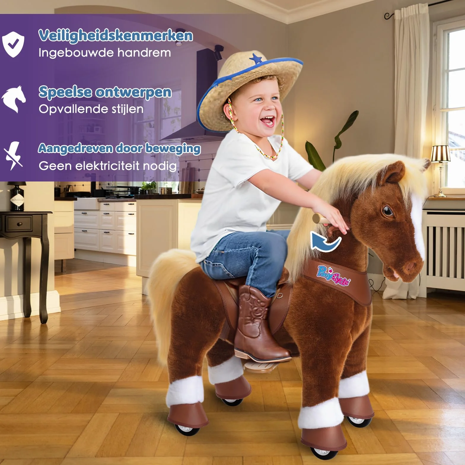 PonyCycle Kucyk do Jazdy z Dźwiękami Konia dla Dzieci w Wieku 3–4 Lat, Pluszowy Mechaniczny Koń z Hamulcem, Zaawansowany Model Y Brązowy Koń na Kółkach, Świąteczny Prezent dla Dzieci – Y374
