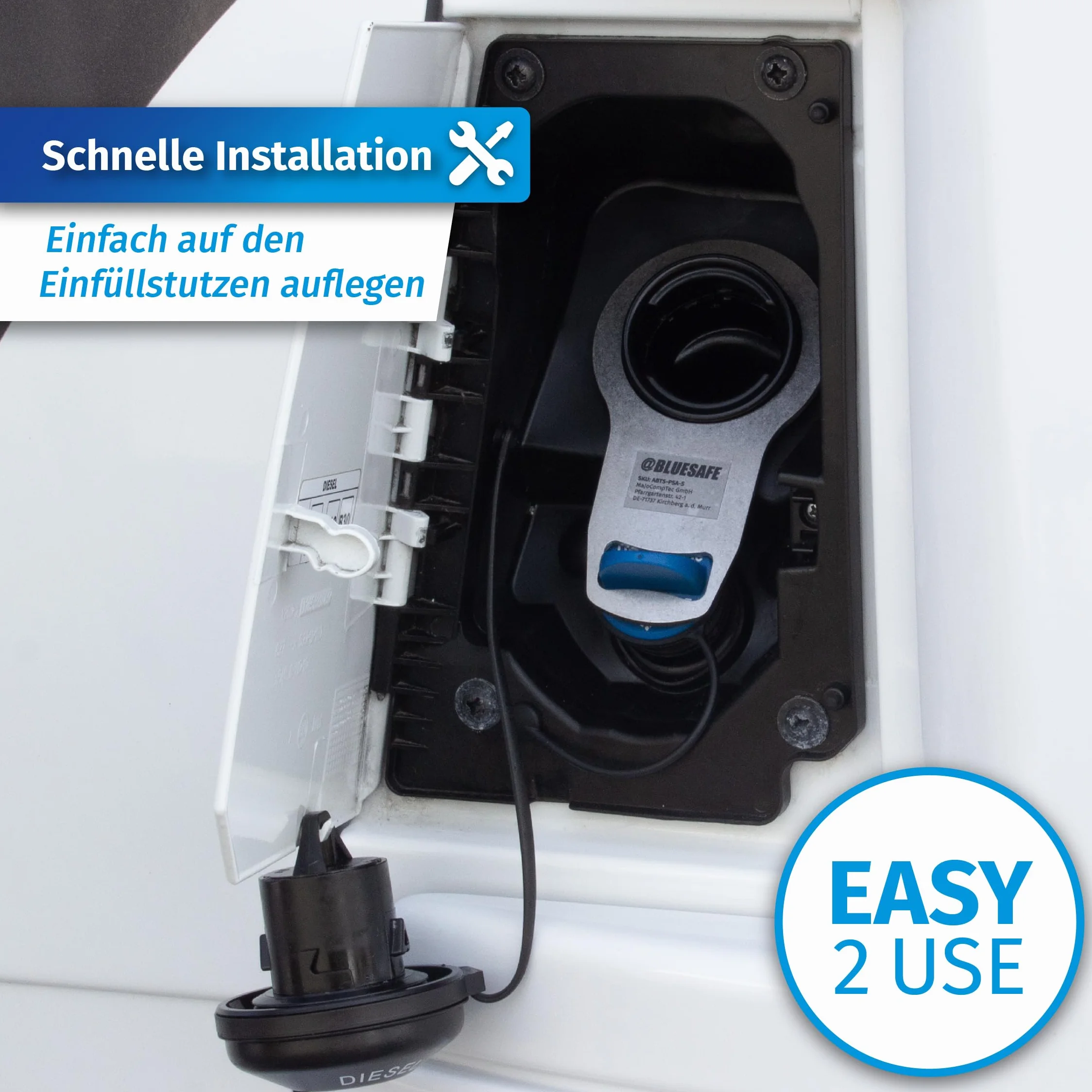 MaJoCompTec® ADBLUESAFE Zabezpieczenie korka wlewu paliwa, zabezpieczenie wlewu paliwa AdBlue, akcesoria do samochodów kempingowych (wersja ze stali nierdzewnej, bezpiecznik Boxer + Jumper + Ducato)