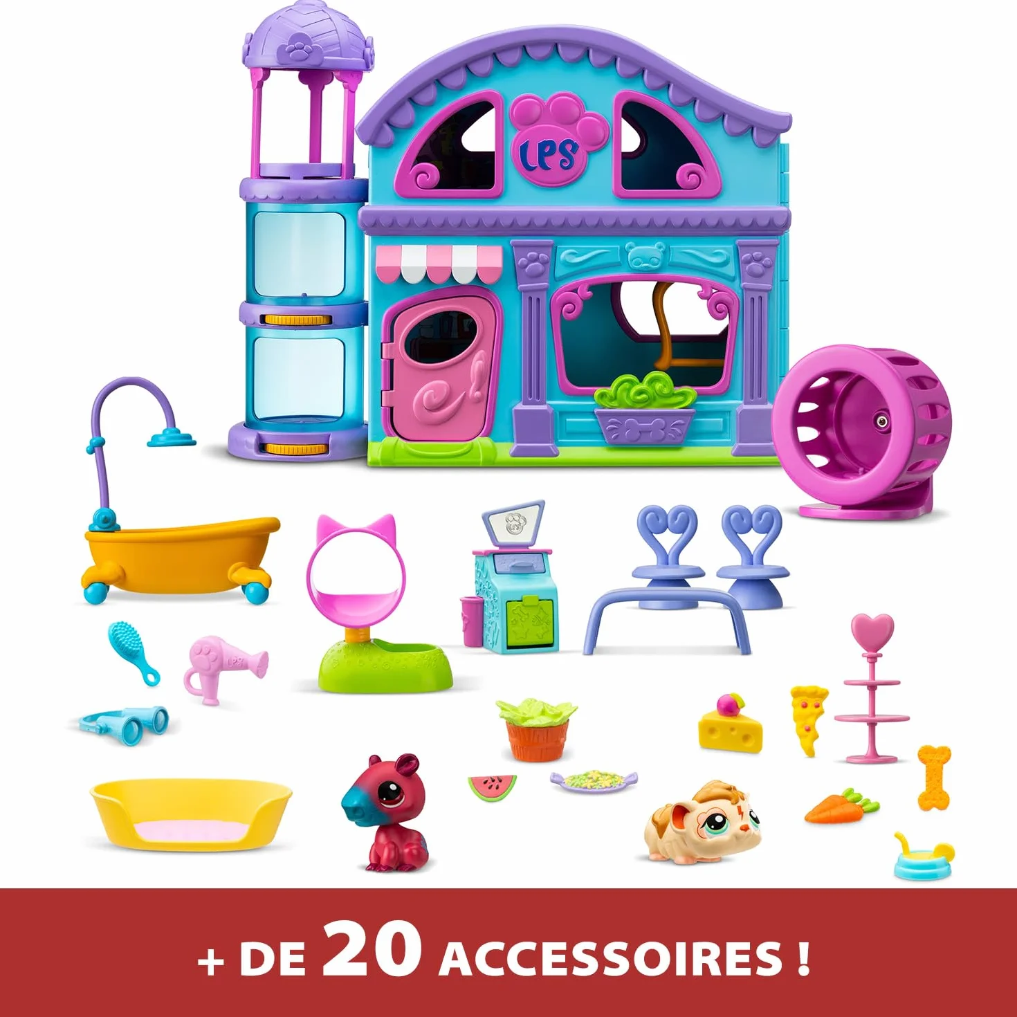 BANDAI Littlest Pet Shop - The Grande Maison des Pet Shop - Zestaw gier z 2 sklepami dla zwierząt domowych w zestawie i 20 akcesoriami - Mini-Figurines dla zwierząt do kolekcjonowania - Zabawka dla