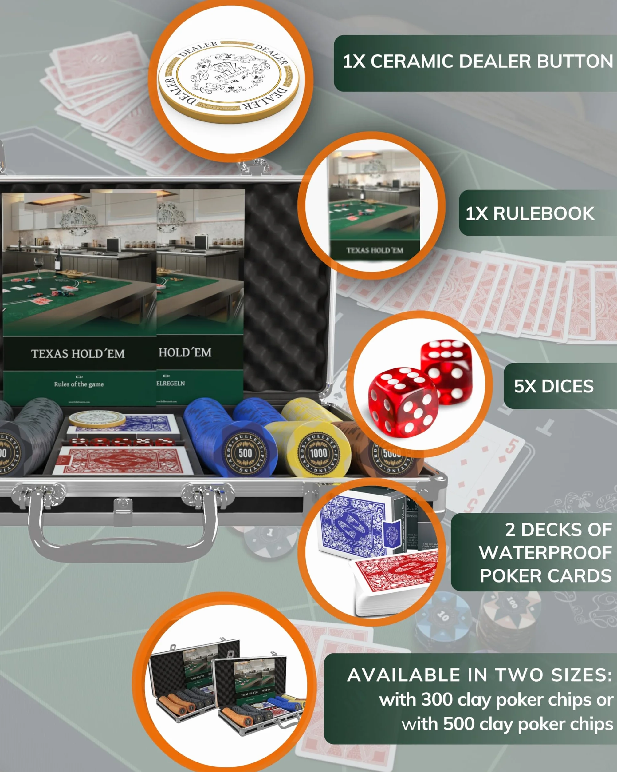 Bullets Playing Cards, Kufer pokerowy Adriana, zestaw do pokera z 300 żetonami Clay z wartościami, w zestawie ceramiczny przycisk dealera i karty do pokera