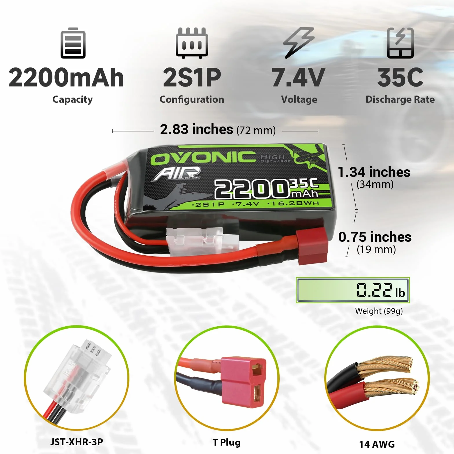 OVONIC Lipo akumulator 2s 35C 2200 mAh 7,4 V akumulator Short Pack z wtyczką Deans do helikoptera samolotowego, specjalnie do samolotów 1:14 RC Car RC (2 sztuki)