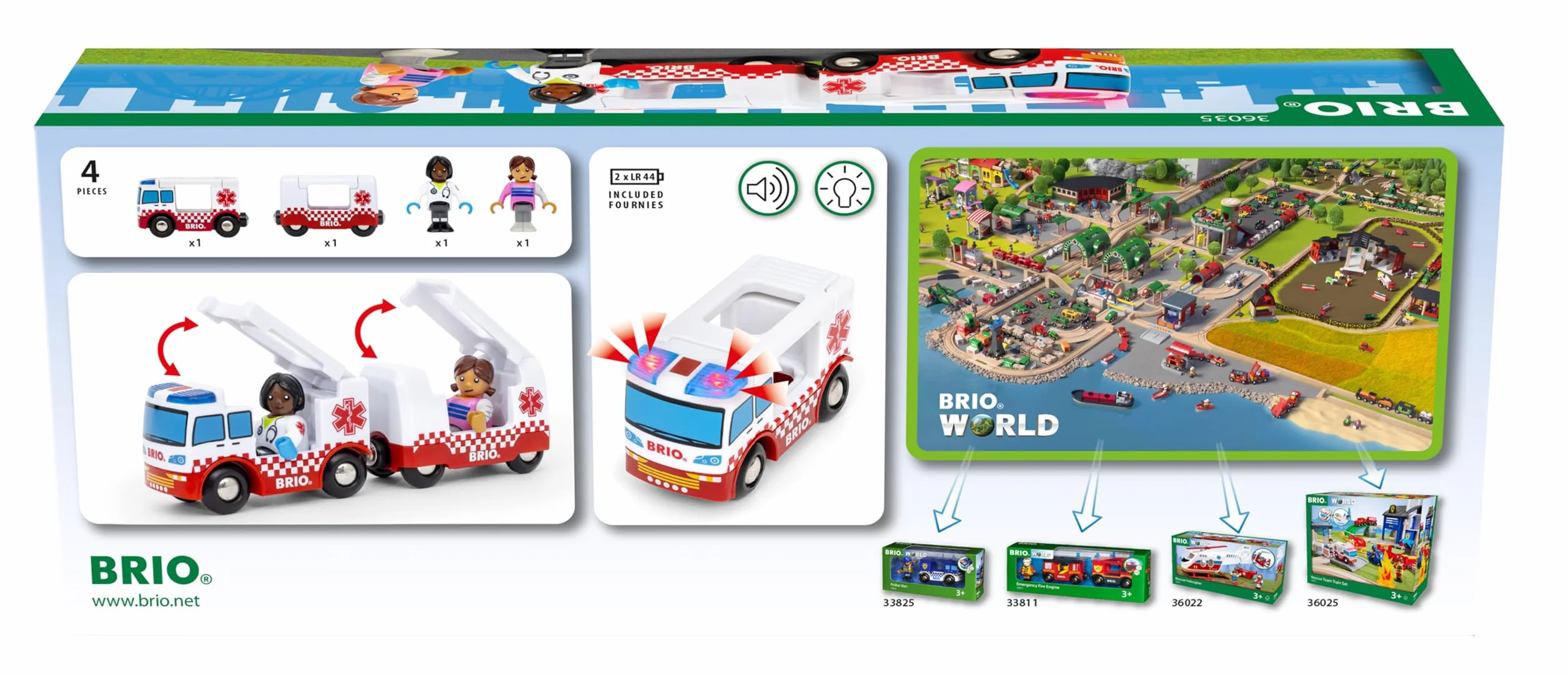 BRIO World Rescue zabawka pogotowia ratunkowego dla małych dzieci i dzieci w wieku od 3 lat, drewniany zestaw kolejowy, akcesoria i dodatki
