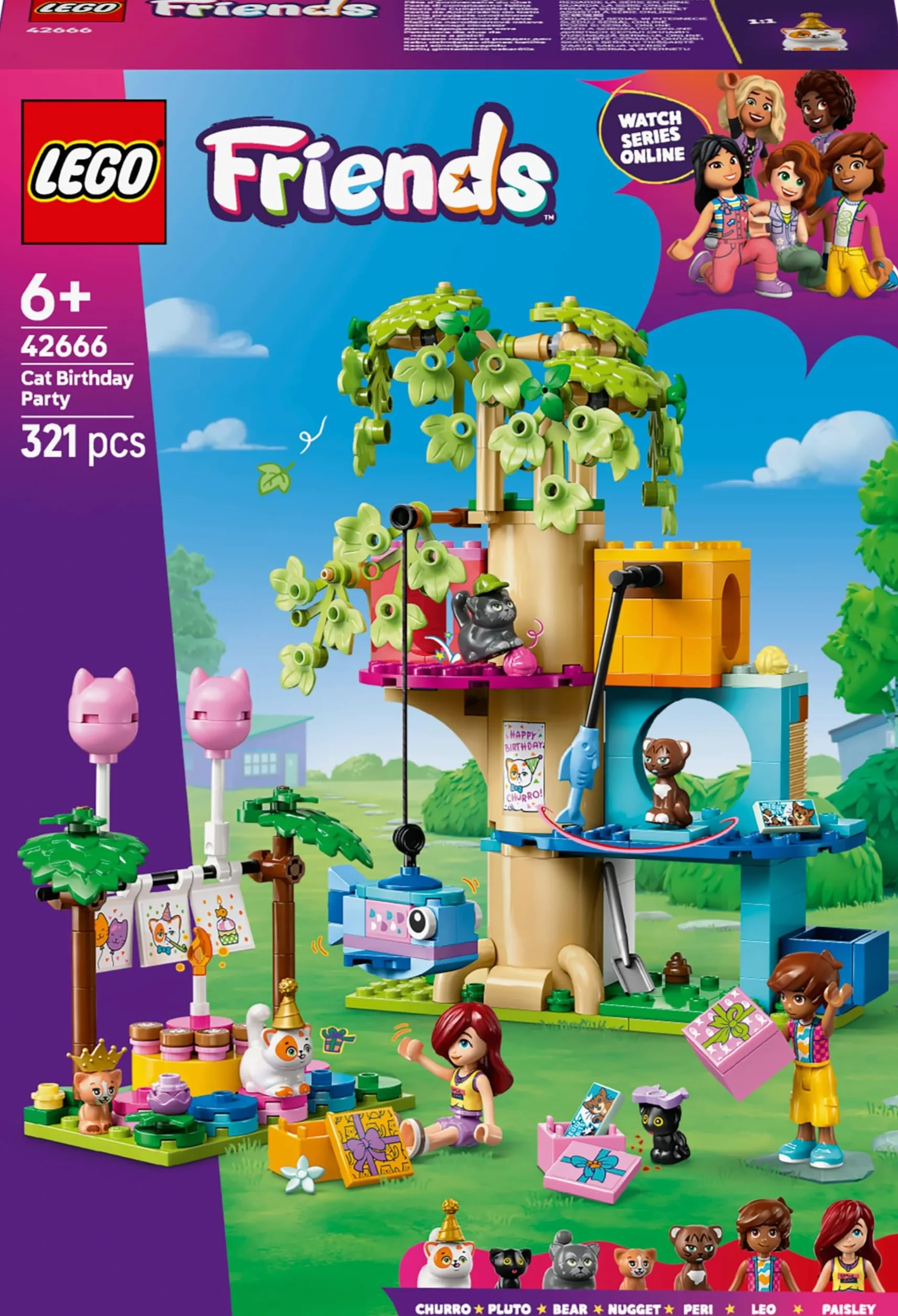 LEGO Friends Kocie przyjęcie urodzinowe i domek na drzewie, zabawka dla dziecka z pięcioma figurkami zwierząt, zestaw dla 6-latki i pomysł na prezent dla dziewczynki, chłopca, miłośnika kotów 42666