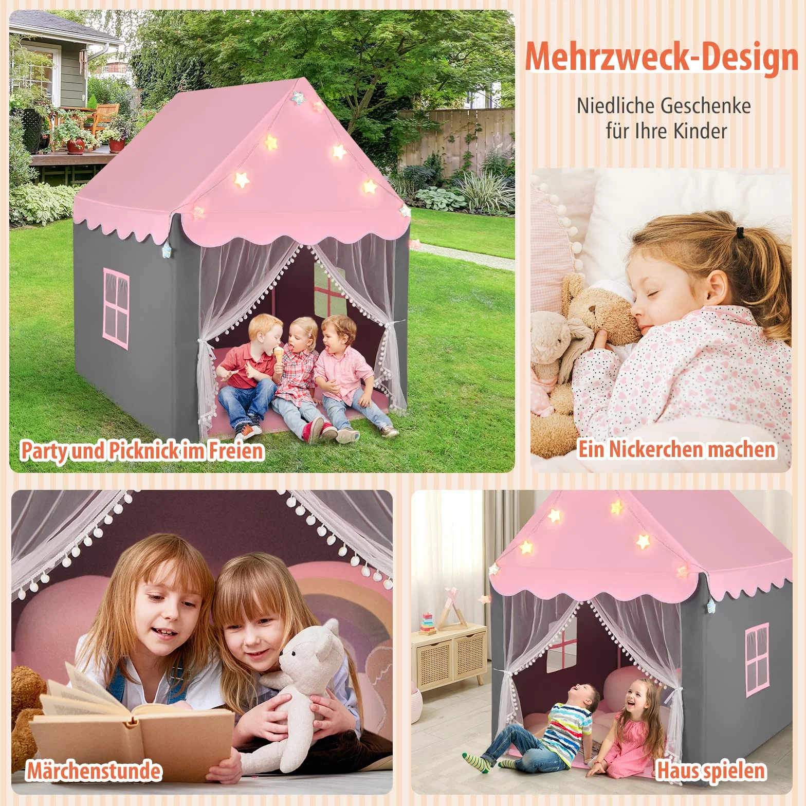 COSTWAY Domek Namiot Dla Dzieci z Gwiazdami i Matą, Księżniczki Prinzess, 105x121x136 cm, Różowy – Namiot Do Zabawy z Podwójną Zasłoną i Okienkiem, Zamek Bajkowy
