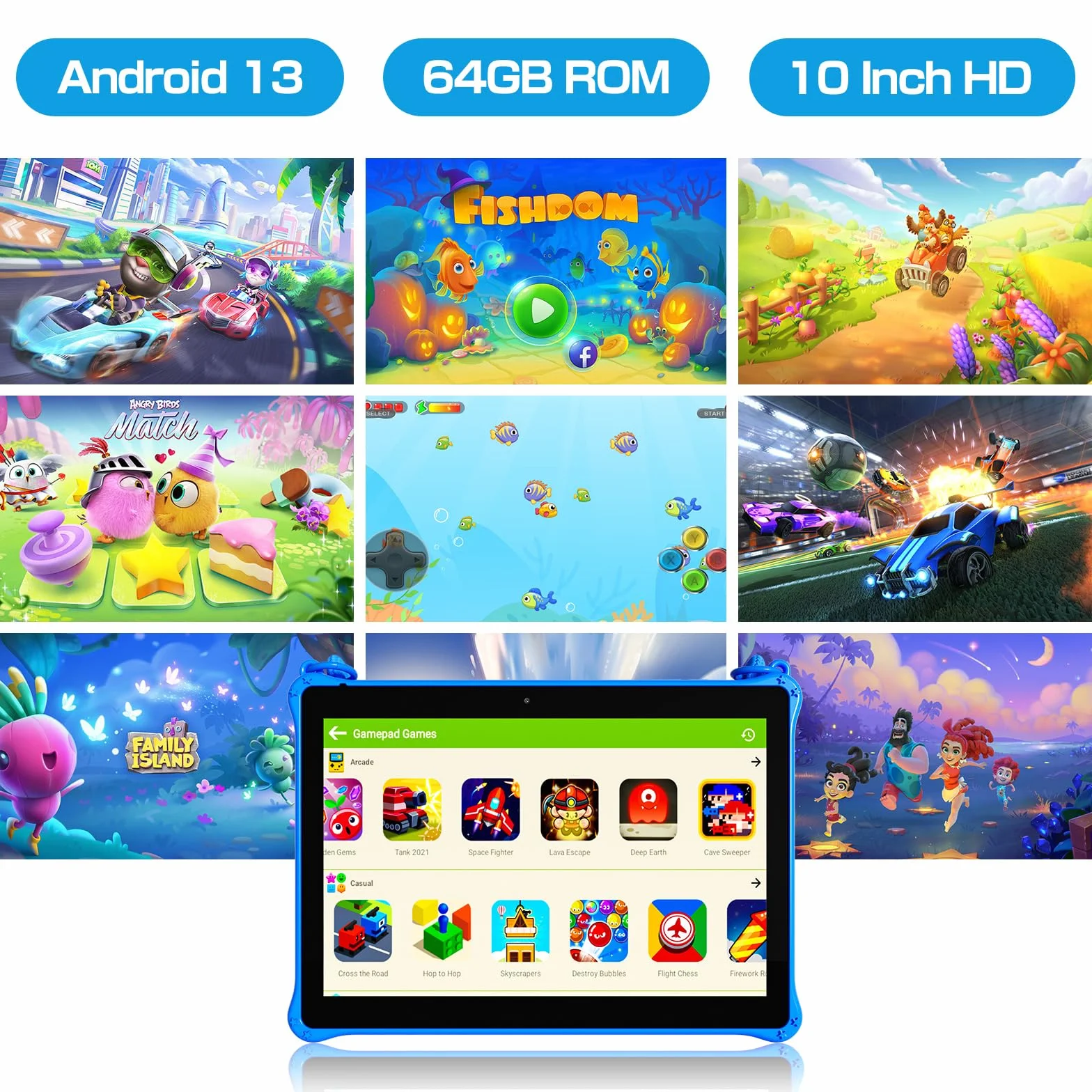PRITOM 10-calowy tablet dla dzieci z systemem Android 13 ze smyczą 64 GB, Dual Camera, tablet dla dzieci w wieku 3 lat (niebieski)