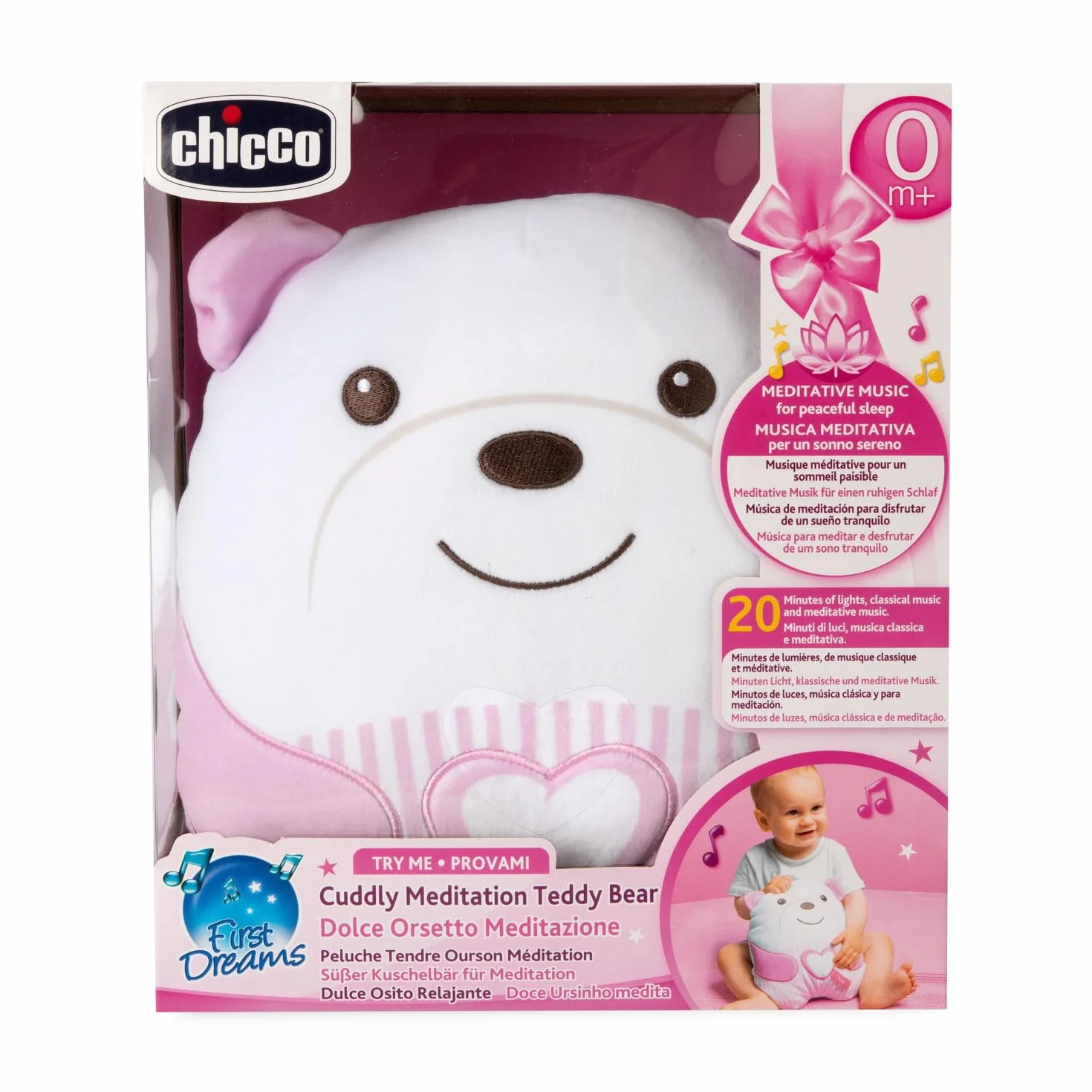Chicco Pluszowy, Miękki Pluszak Elektroniczny dla Dzieci, Miękka Wypełnienie, 20 Minut Relaksującej i Medytacyjnej Muzyki, Nastrojowe Światło, Można Prać w Pralce, 0 Miesięcy +, Różowy