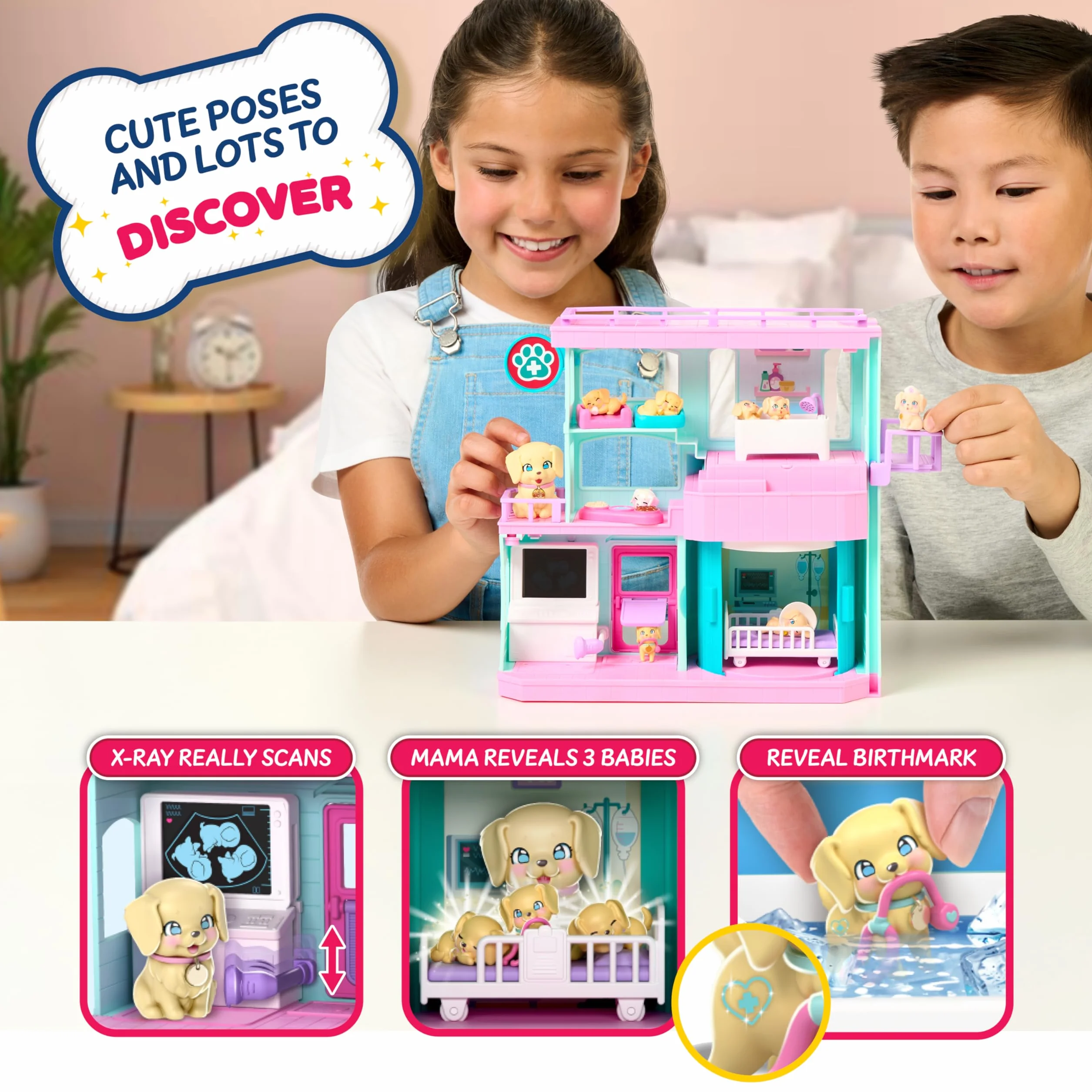 Little Live Pets Mama Surprise Families zestaw do zabawy dla niemowląt, 3 szczenięta retrievera, magiczny, dwustronny zestaw do zabawy (szerokość 27,8 cm, wysokość 23,8 cm) do karmienia, kąpieli i