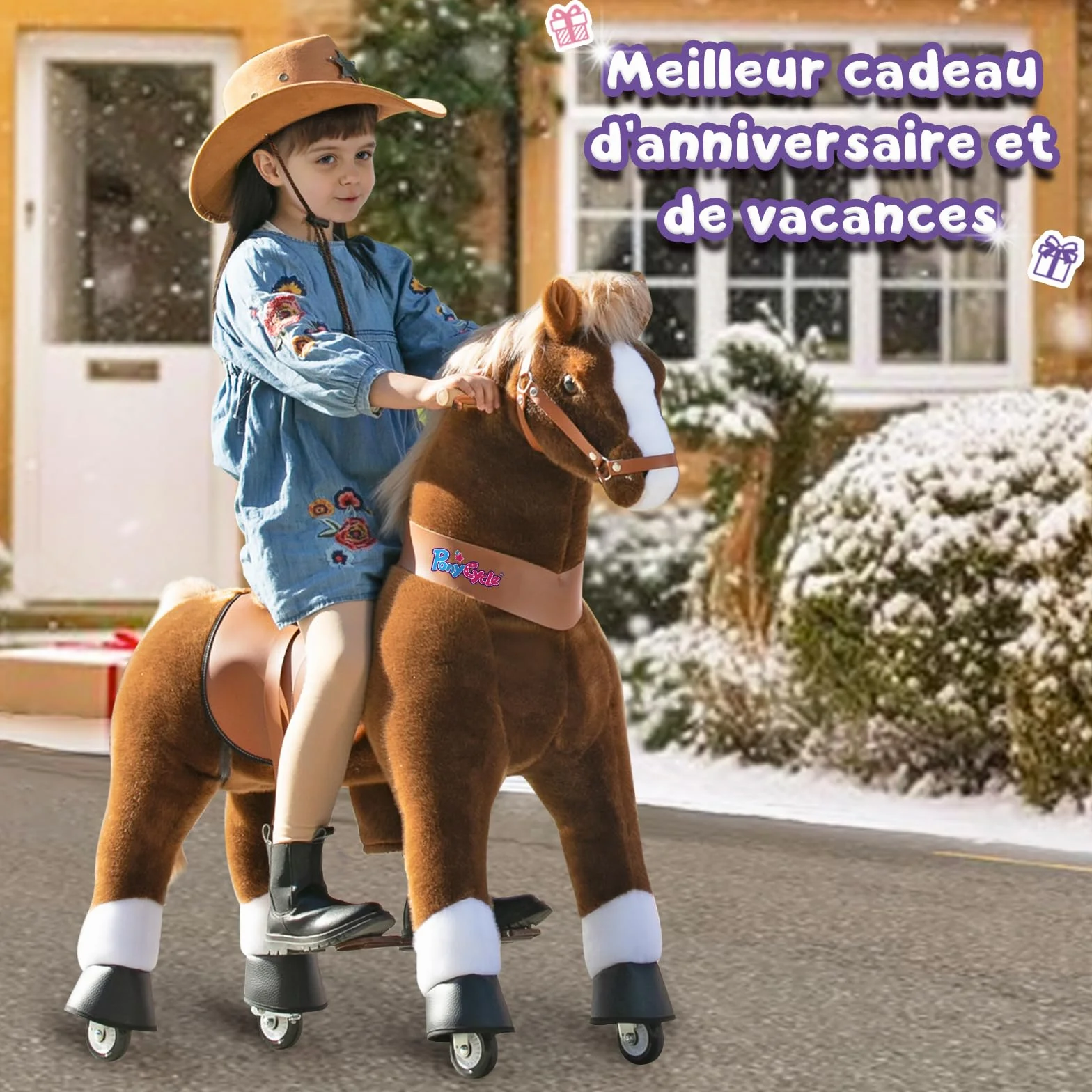 PonyCycle Klasyczny Model U Koń jeździecki na kółkach, pluszowy kucyk jeździecki, zwierzak na biegunach (z hamulcem i dźwiękiem/108 cm wysokości/Rozmiar 5 dla wieku 7+ lat), Brązowy Koń Ux524