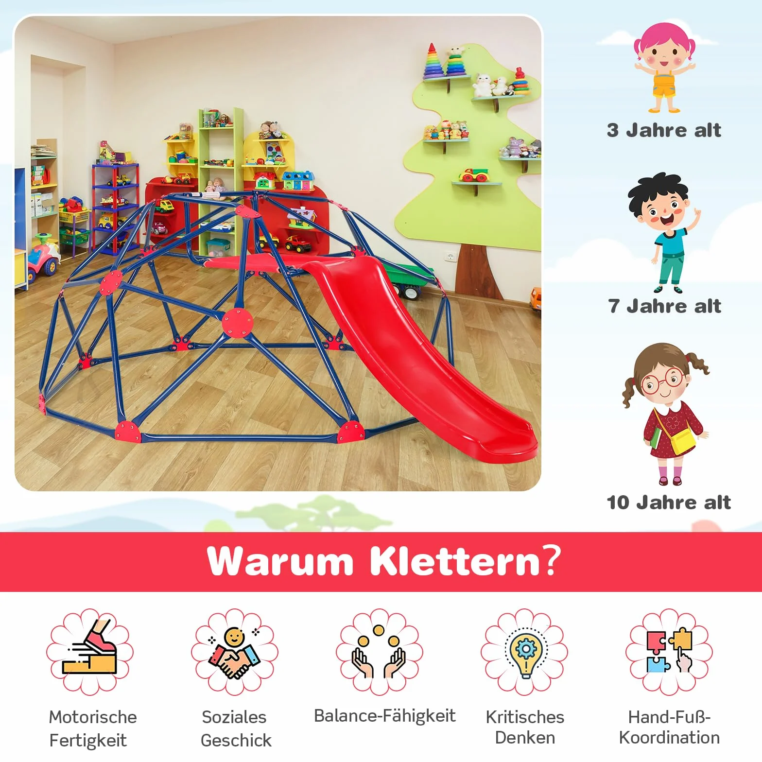 COSTWAY Kopuła wspinaczkowa ze zjeżdżalnią i drabinką do wspinaczki – platforma materiałowa, nośność 180 kg, do użytku na zewnątrz i wewnątrz dla 3-10 lat, idealna do hali gimnastycznej, podwórka lub