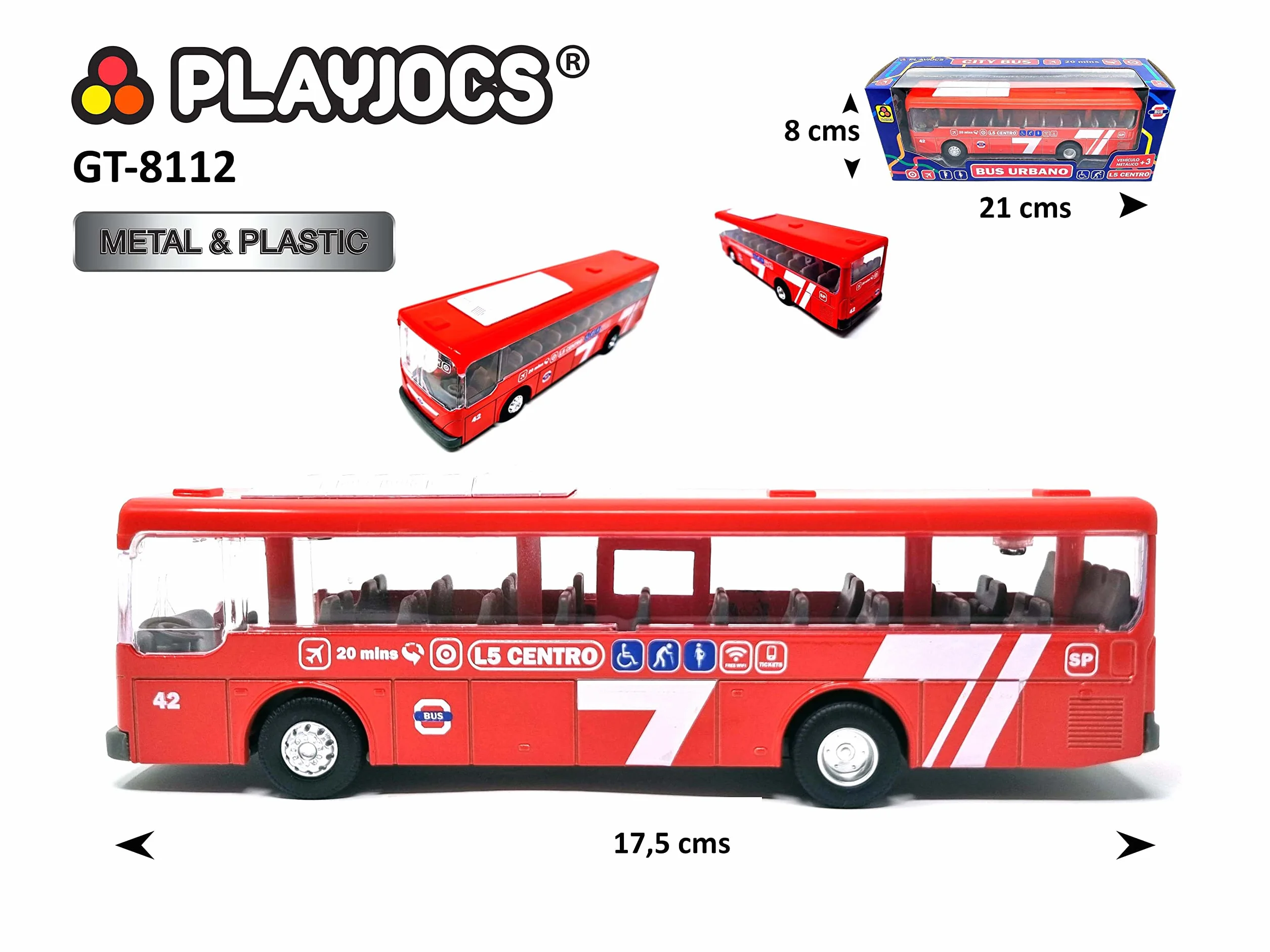 PLAYJOCS GT-8112 Bus Miejski pojazd metalowy co części z tworzywa sztucznego, pomysł dla dzieci i kolekcjonerów.