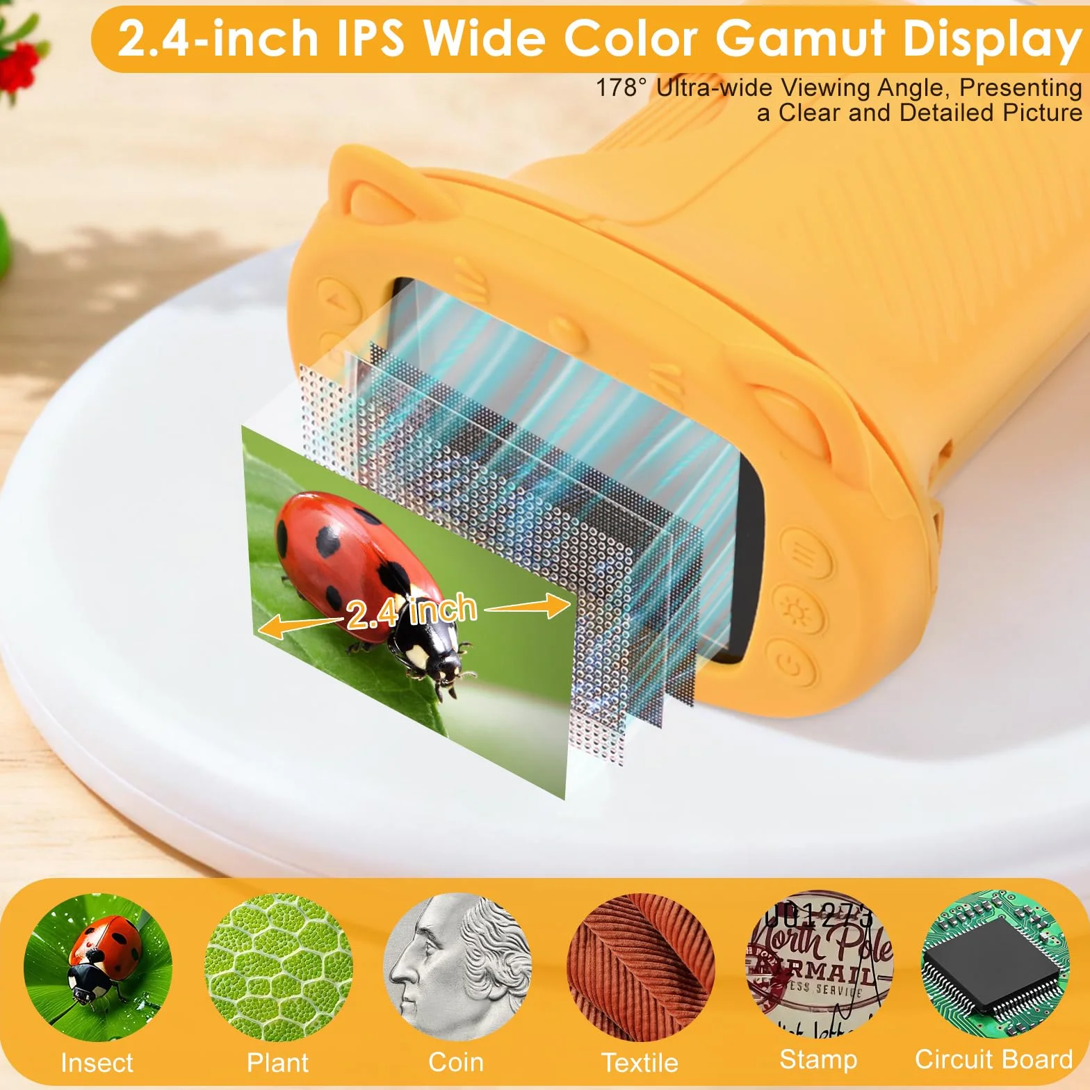 Mikroskop dla dzieci 1000X 4K Cyfrowy mikroskop dla dzieci z wyświetlaczem 1080P HD 2,4″ IPS i 8 LED, 1080P HD Przenośny mikroskop, ładowanie USB, nauka na zewnątrz od 3 lat (pomarańczowy)