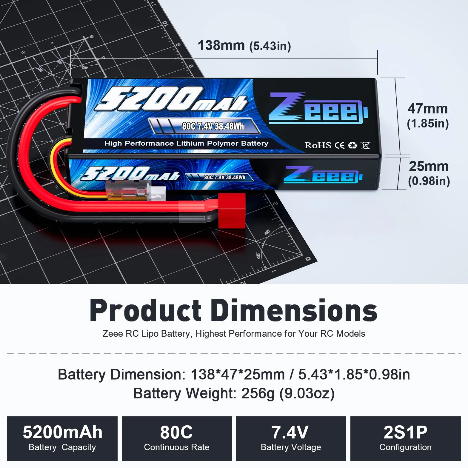 Zeee 2s lipo Bateria 5200mAh 7,4V 80C RC Bateria, z wtyczką Deans T, do RC Evader BX Auto Car Truck LKW Truggy RC Hobby (2 sztuki)