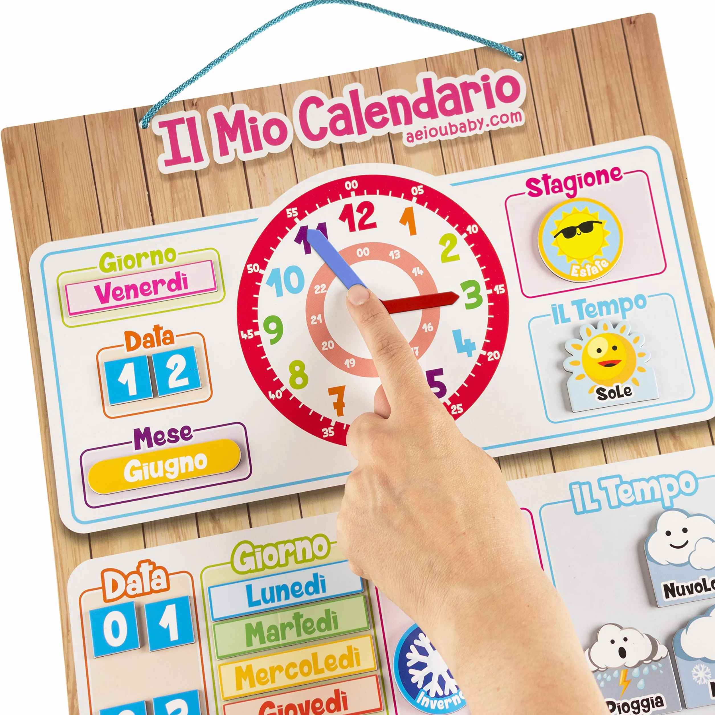 Kalendarz Zegar Magnetyczny Dziecięcy, Gra Edukacyjna Data Czas i Godzina na ścianę lub Lodówkę, 43x32cm. Pudełko Urodziny dla dzieci w Szkole lub Żłobku (Włoski)