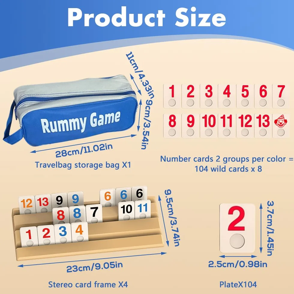 Zestaw mini Rummy z 114 kamieniami do gry, 4 drewnianymi uchwytami na kamienie, 1 torba do przechowywania i instrukcja obsługi (może nie być dostępna w języku polskim), interesująca gra Rummy