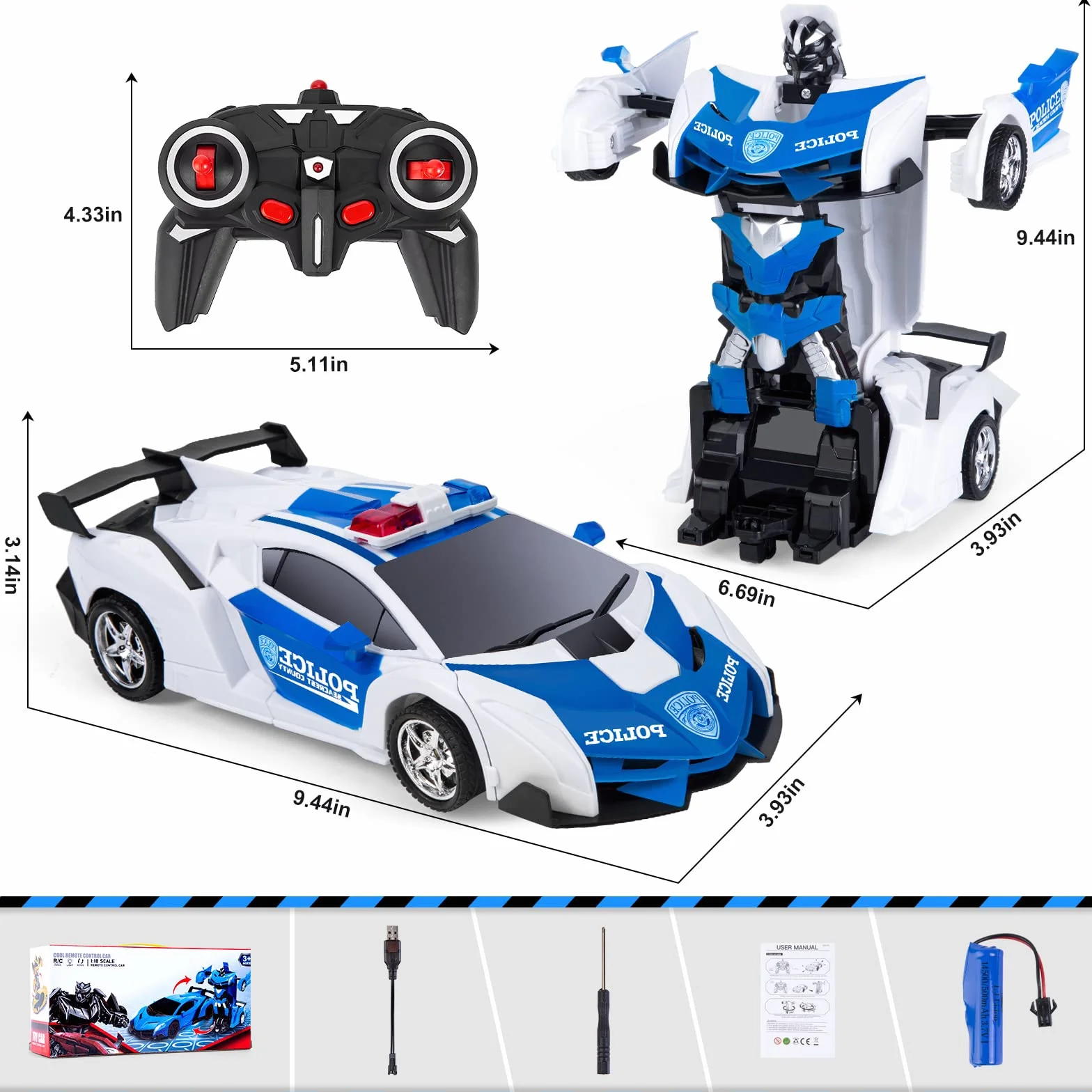 Highttoy Zdalnie sterowany samochód dla dzieci w wieku 3-12 lat, samochód policyjny, deformacja robota RC, obracany o 360°, transformator, zabawka dla chłopców, dziewczynek, prezent 2,4 GHz, samochód